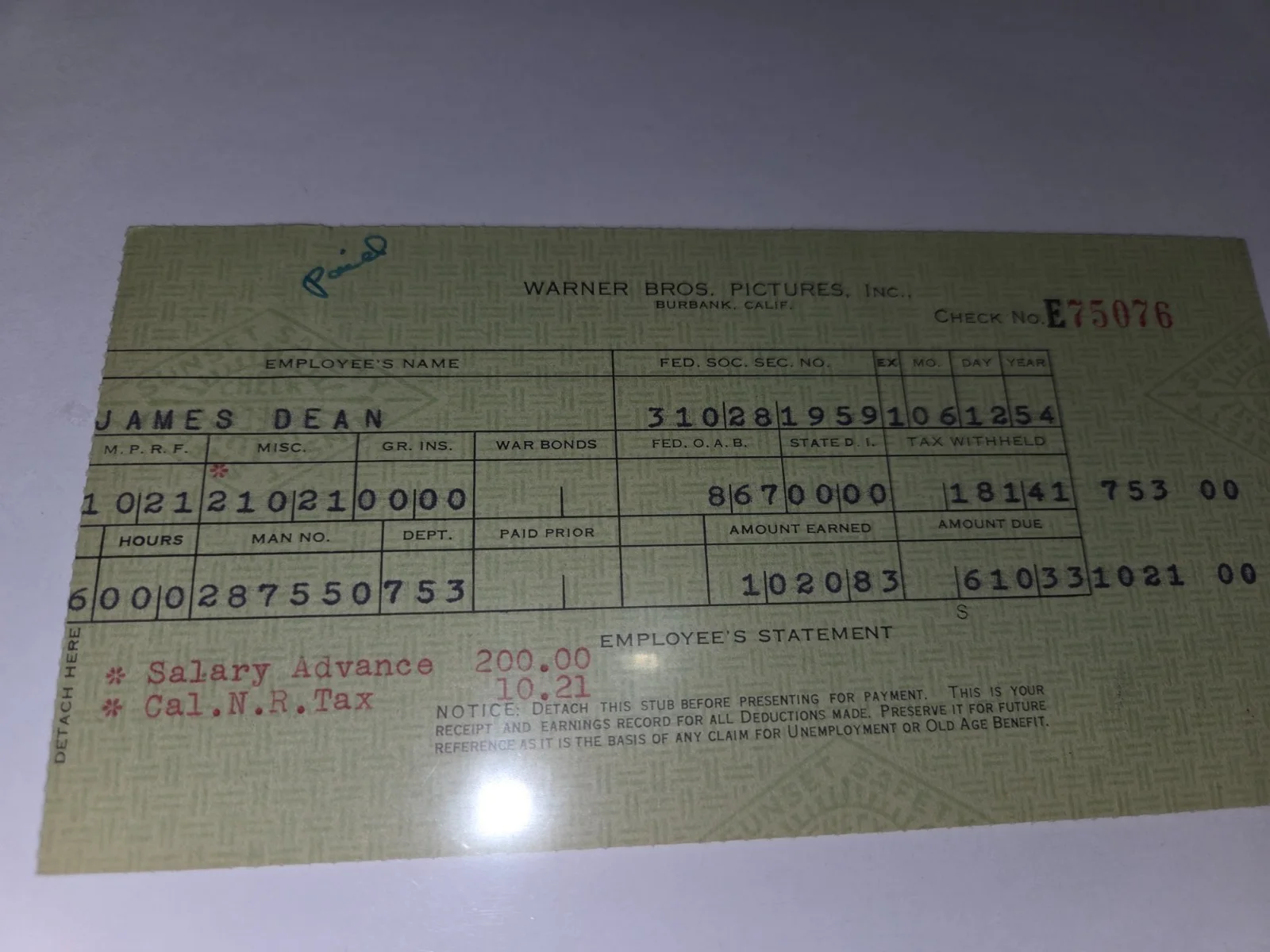 James Dean's Paycheck Stub from East of Eden Agent Jane Daecy from N. Sanders, изображение 5