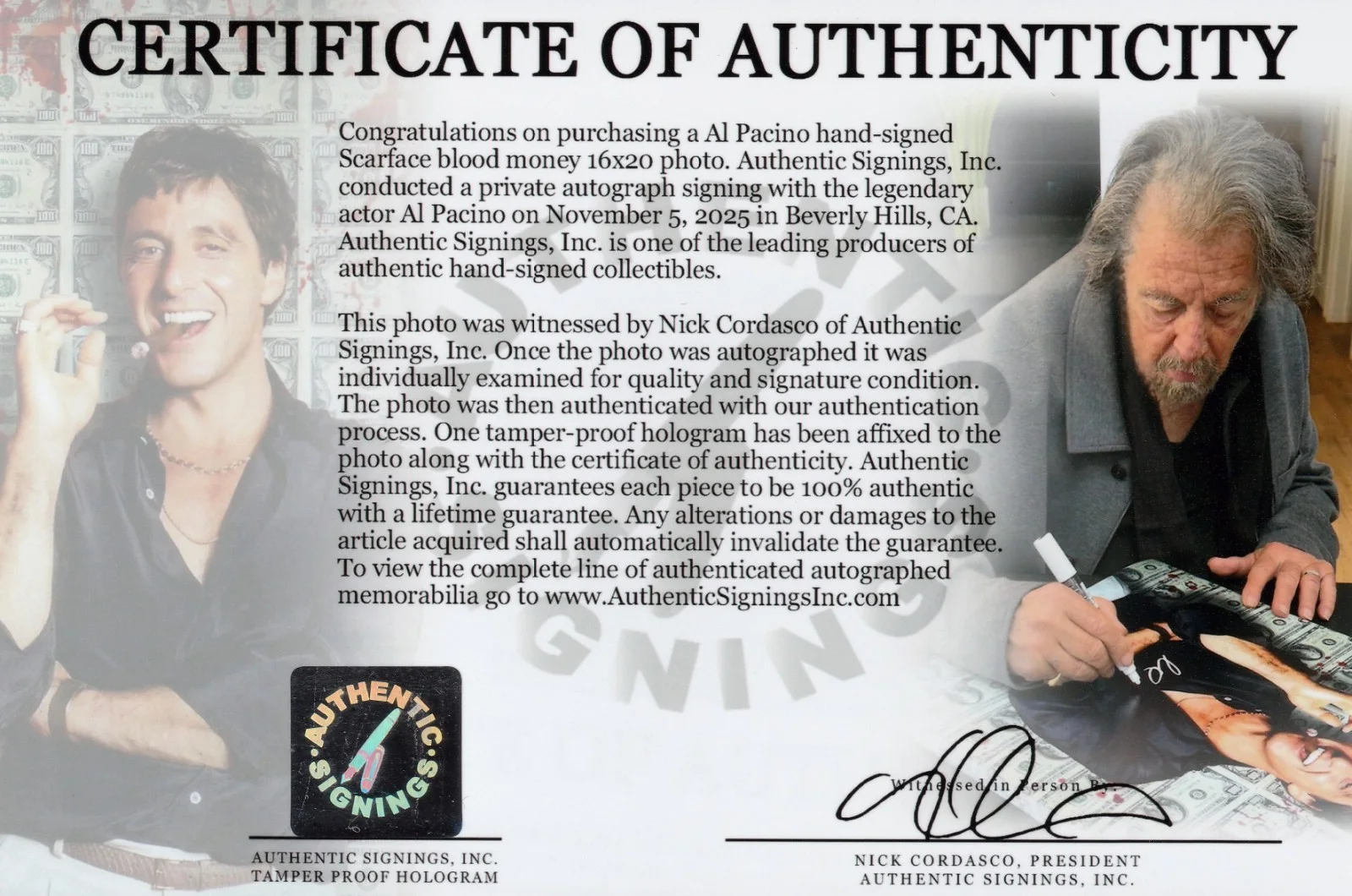 Al Pacino — Al Pacino Autographed SCARFACE BLOOD MONEY 16x20 Photo ASI Proof, изображение 2