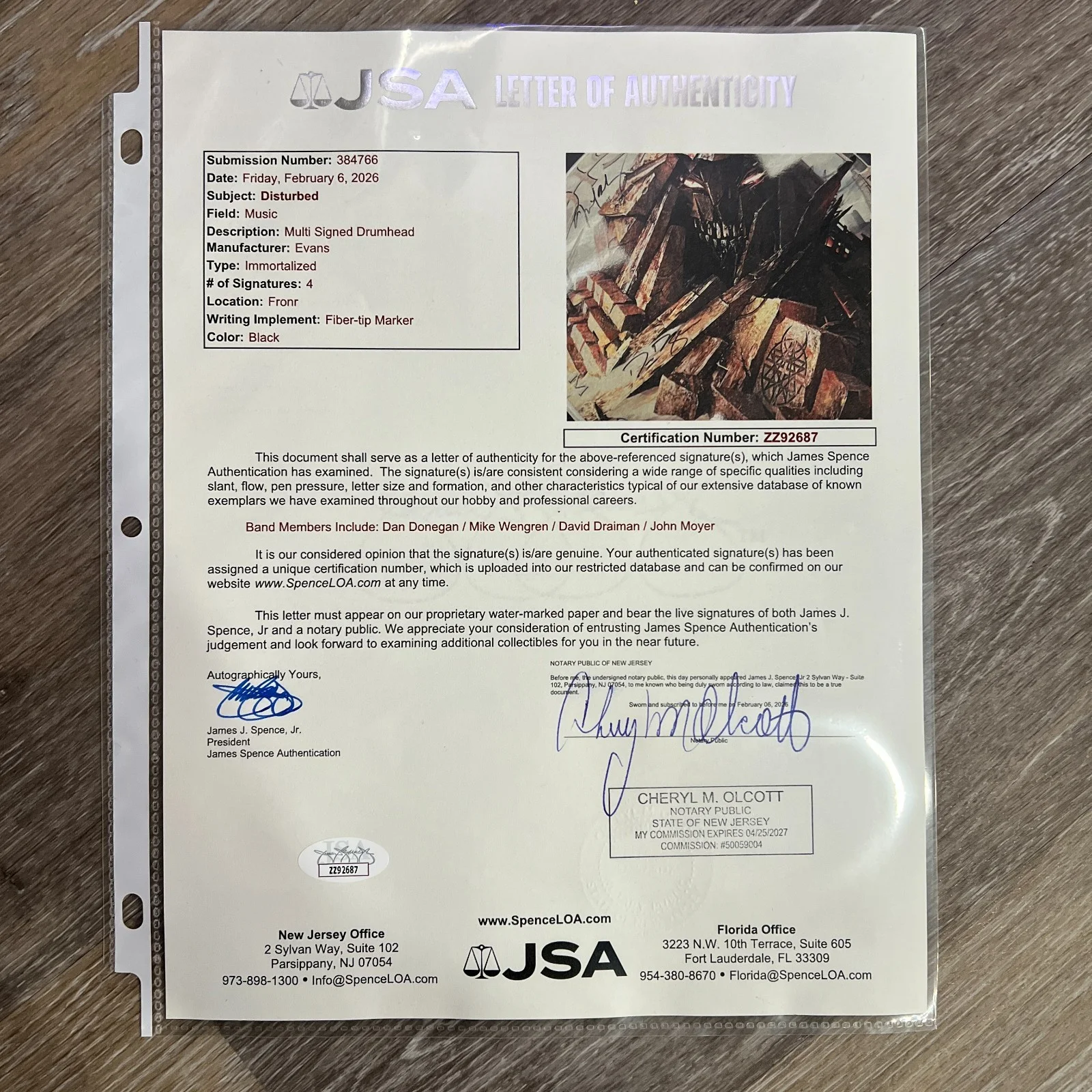 Disturbed 'Immortalized' Signed Autographed 20" Drumhead [JSA], image 2