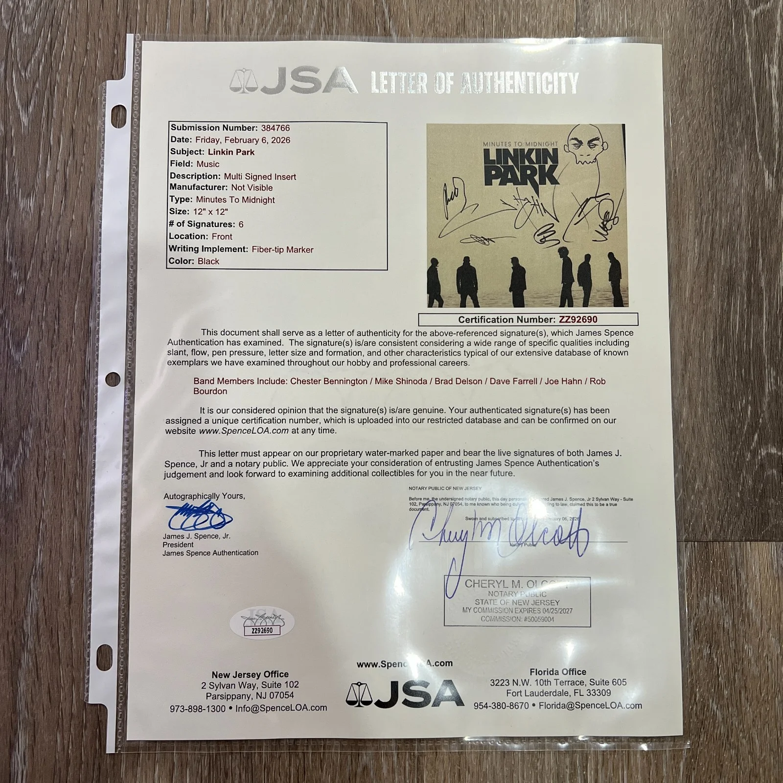 Linkin Park 'Minutes To Midnight' Signed x6 Band Flat Bennington Shinoda [JSA], image 2