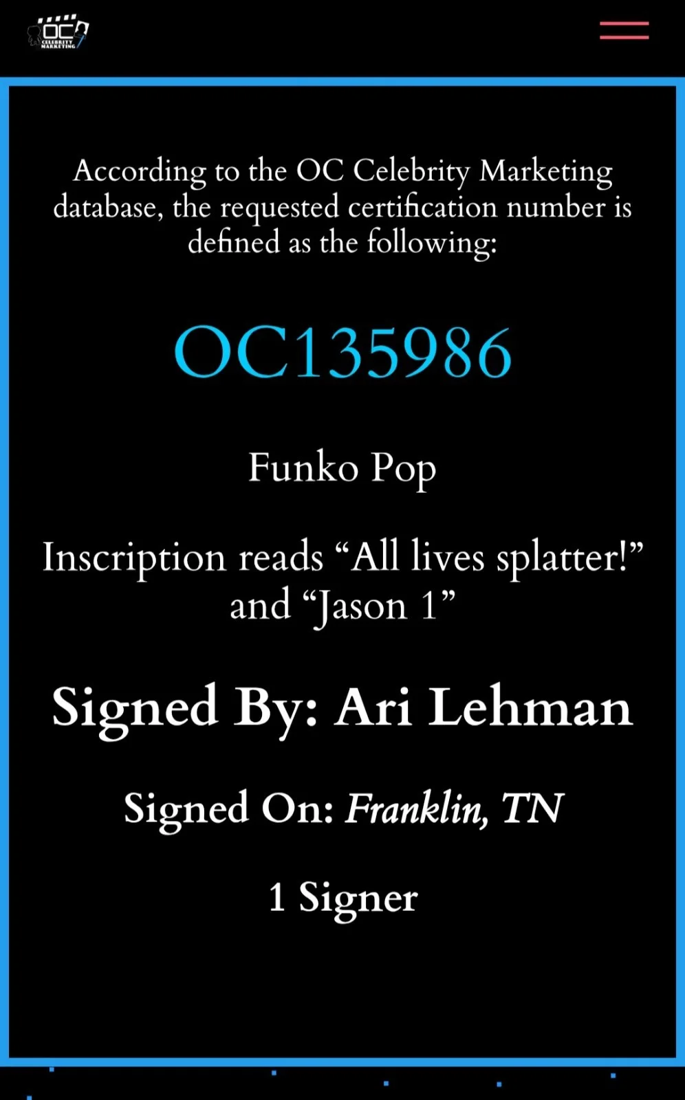 Jason Voorhees Funko Pop (#01) from Friday the 13th, autographed by Ari Lehman, изображение 4