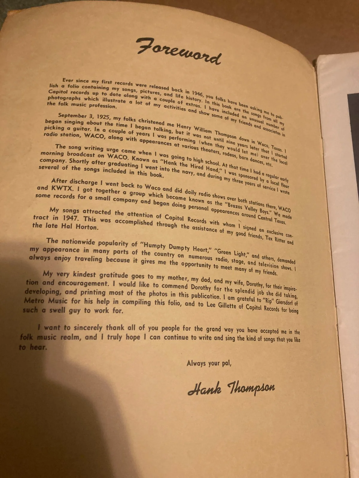 HANK THOMPSON Folio of Favorite Recorded Hits. Songbook 1947 Metro-Music Inc., изображение 3