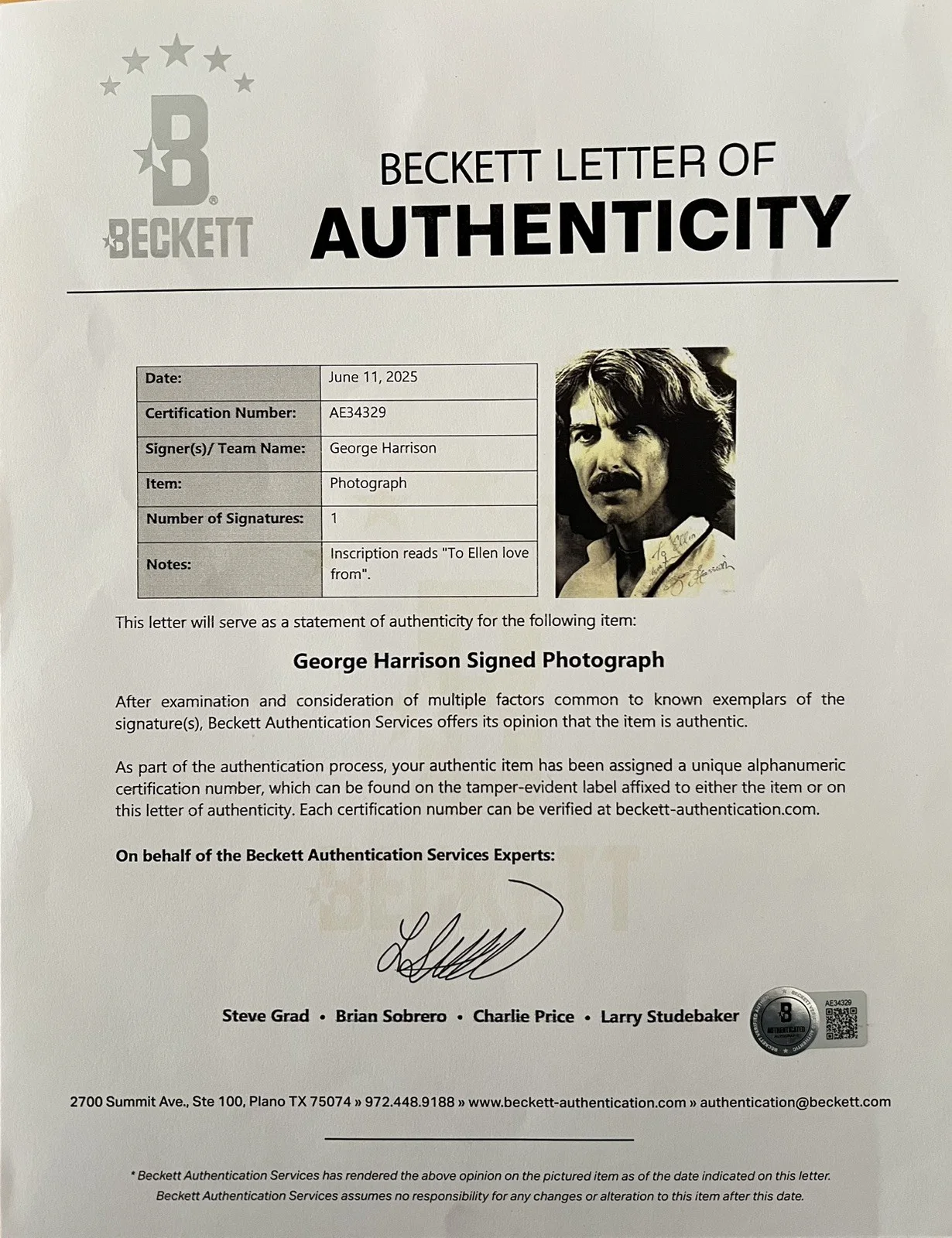George Harrison Signed Photo Beckett COA The Beatles Autograph 8x10 BAS, изображение 3