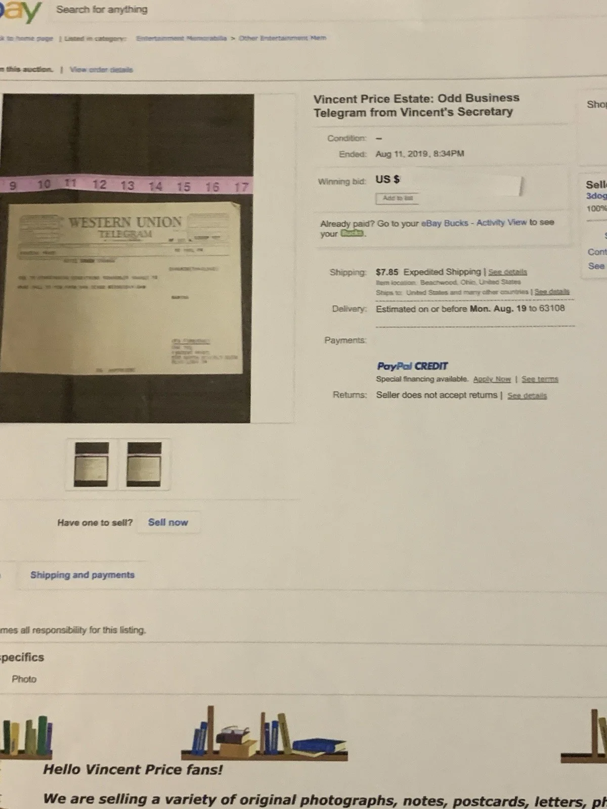 Vincent Price Estate Interesting Telegram to Vincent in Bangkok, Thailand! 17j, изображение 3