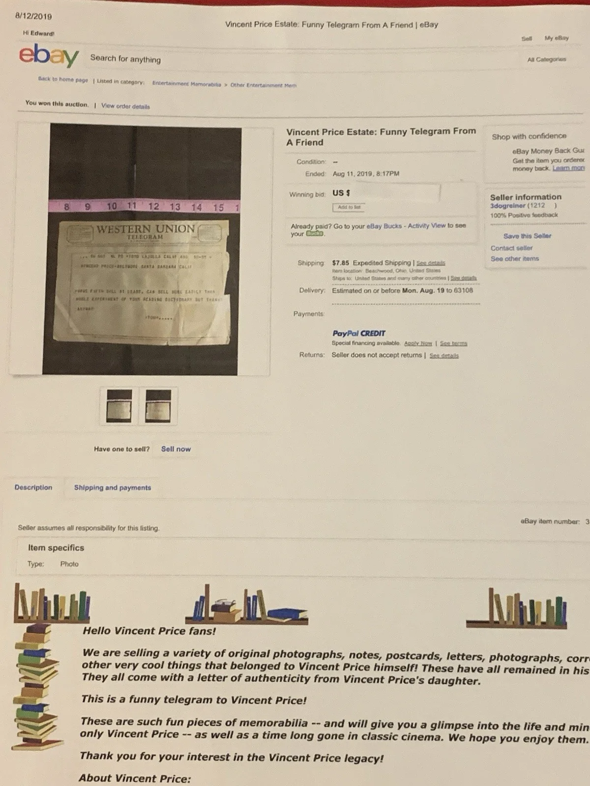 Vincent Price Estate Funny 1955 Telegram About Reading Dictionary! 17k, изображение 3