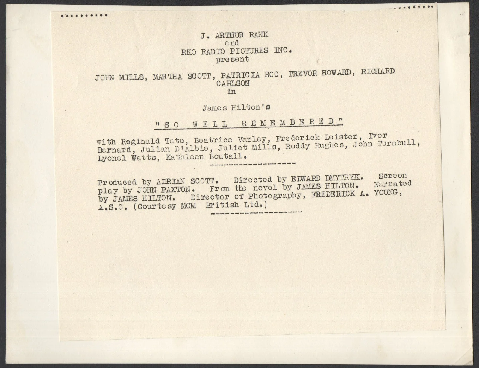 SO WELL REMEMBERED 1947 Edward Dmytryk, James Hilton, John Mills STILL #85, изображение 2