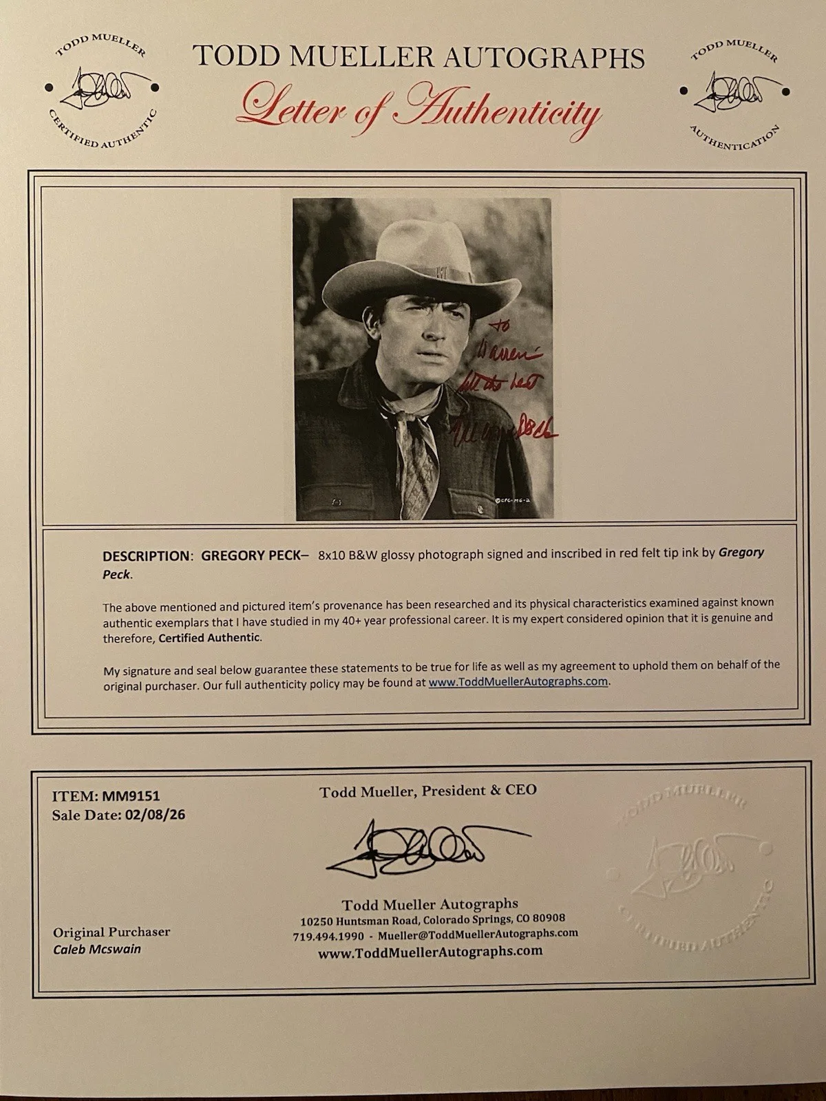 Gregory Peck — Gregory Peck Signed Autographed 8x10 Photo With COA Western The Bravados, изображение 4