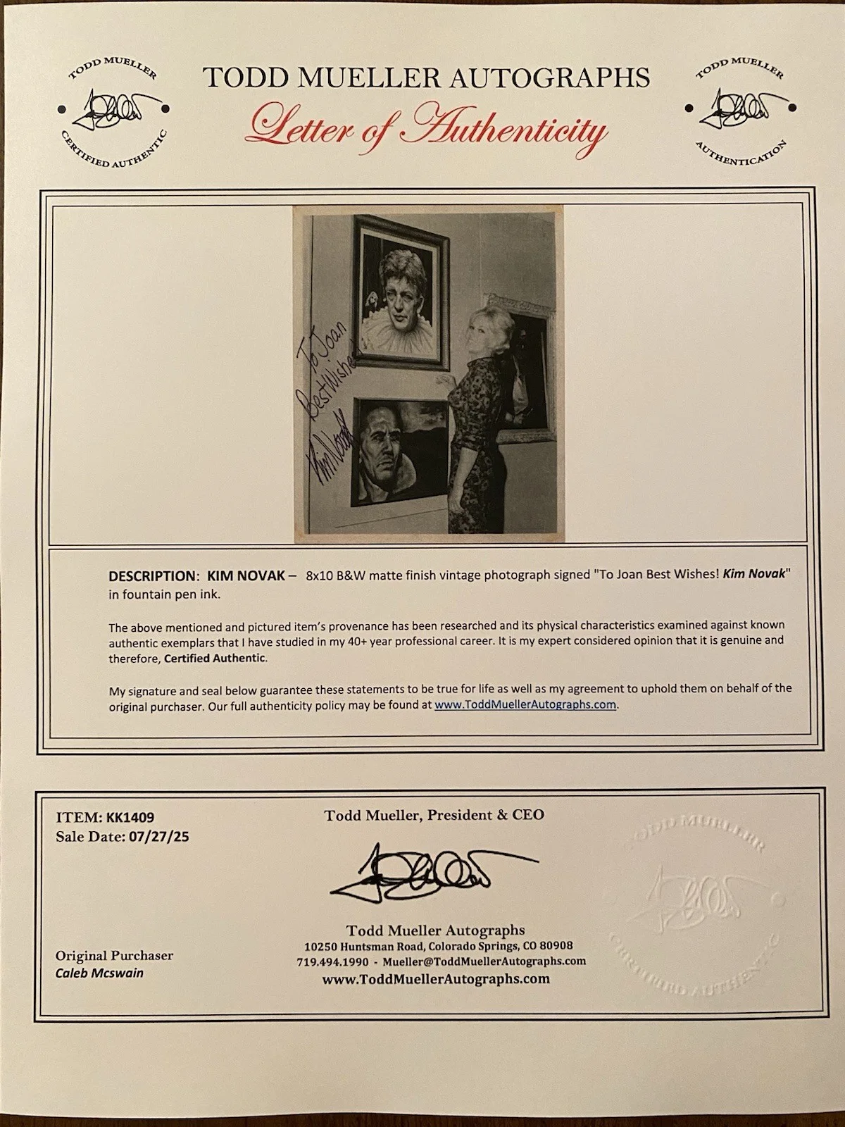Kim Novak — Kim Novak Signed Autographed Photo w COA Actress Artist Vertigo Bell Book Candle, изображение 4