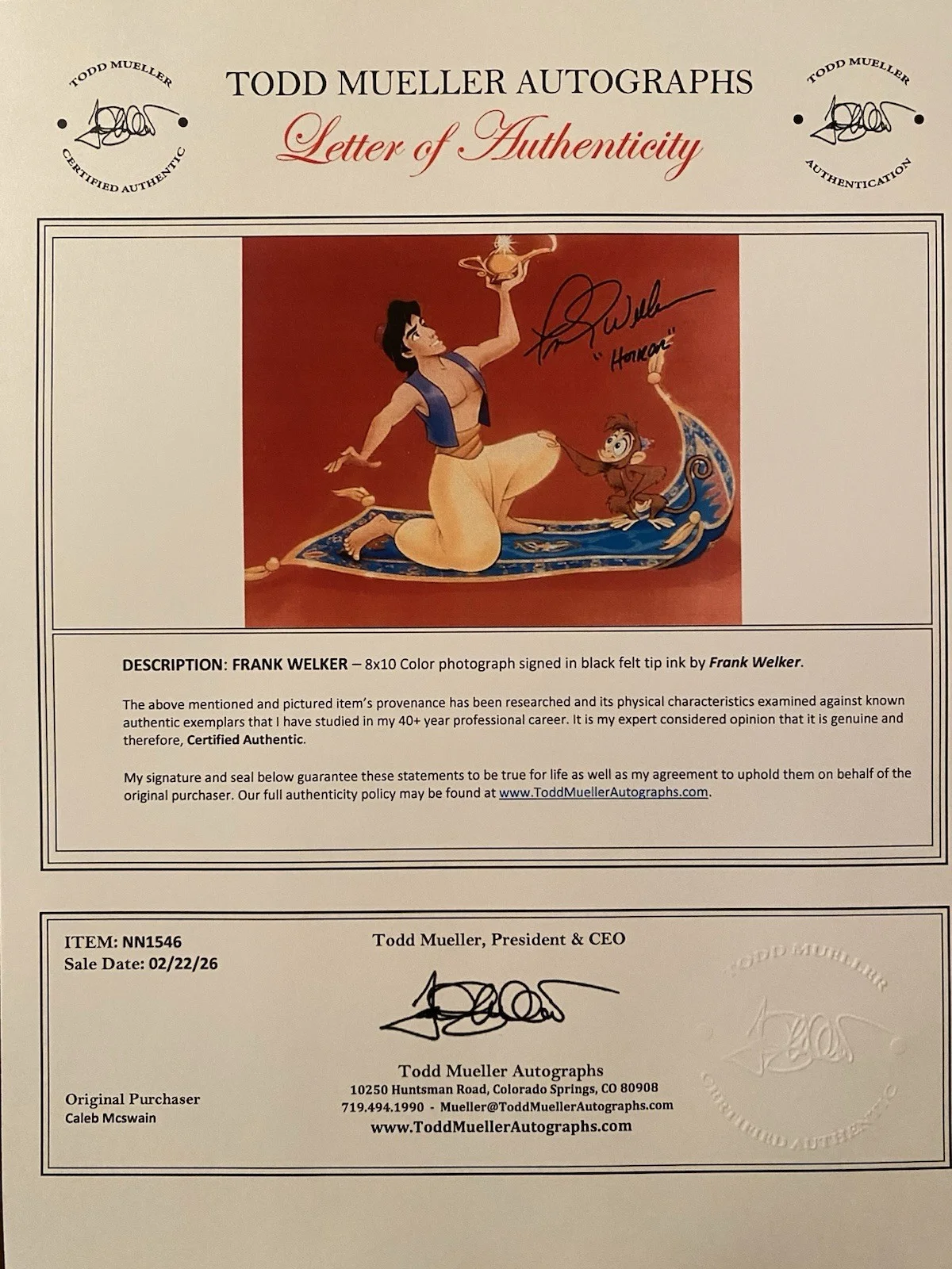 Frank Welker — Frank Welker Signed Autographed 10x8 Photo With COA Aladdin Abu Voice Actor, image 4