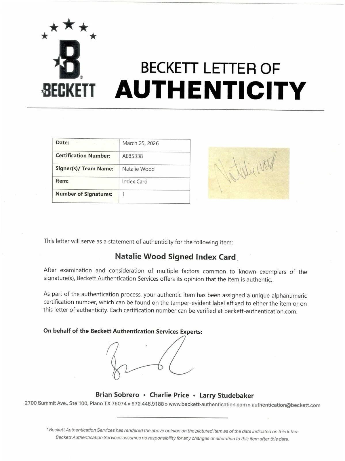 Natalie Wood Signed Autographed 3x5 Card Beckett BAS Letter West Side Story, изображение 3