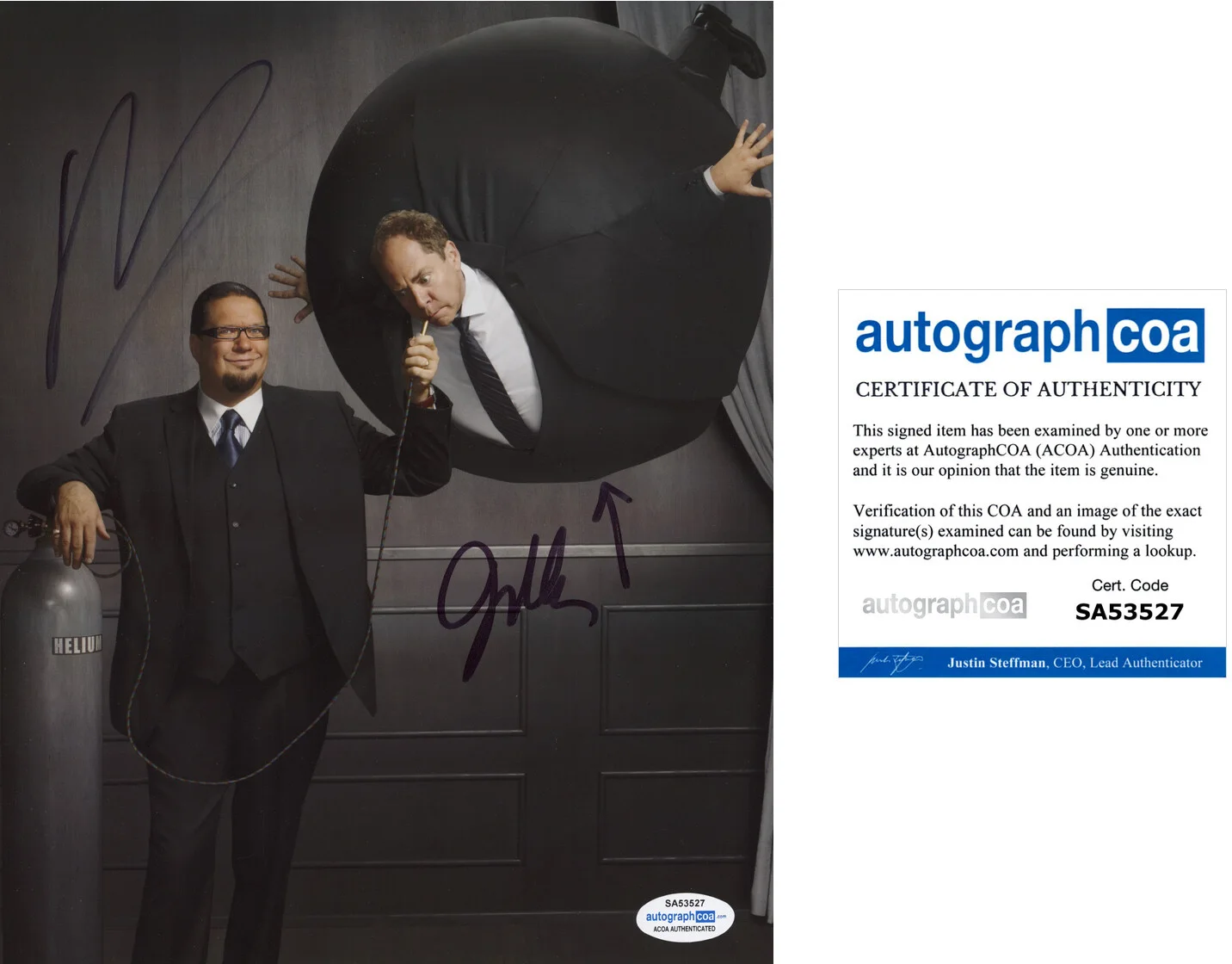 PENN & TELLER — Penn & Teller signed Autographed 8x10 Photo c Jilette FOOL US Magicians ACOA COA