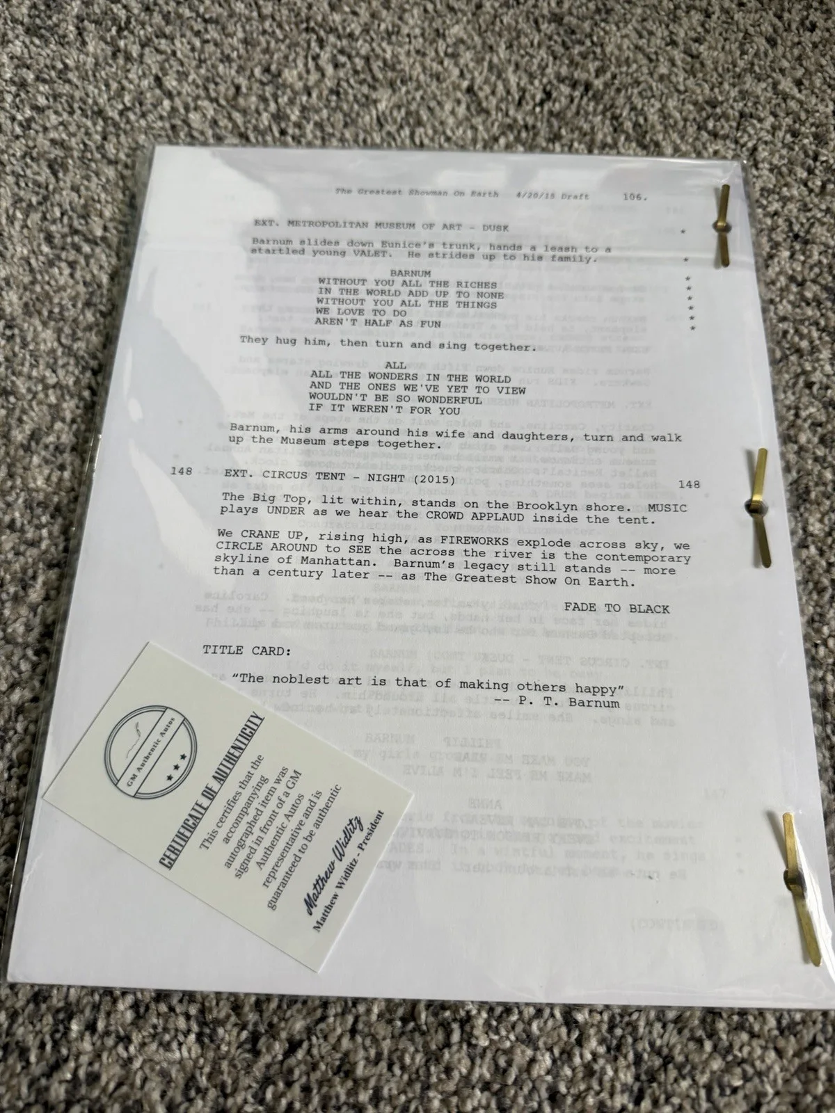 Hugh Jackman — The Greatest Showman Draft Script Signed By Hugh Jackman