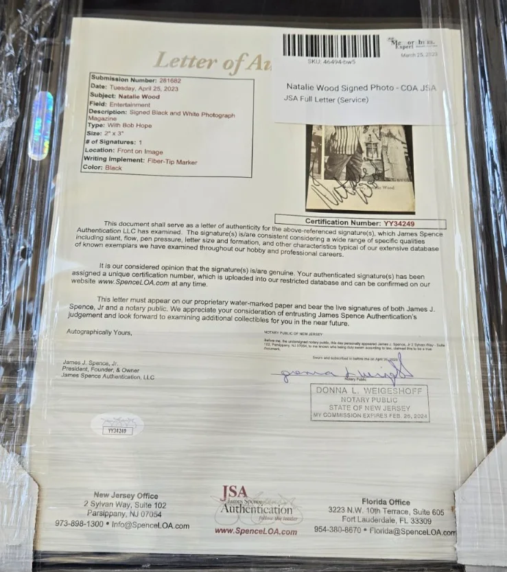 NATALIE WOOD — NATALIE WOOD SIGNED CUT FRAMED W/PHOTO REBEL WITHOUT A CAUSE GYPSY JSA LETTER, image 3