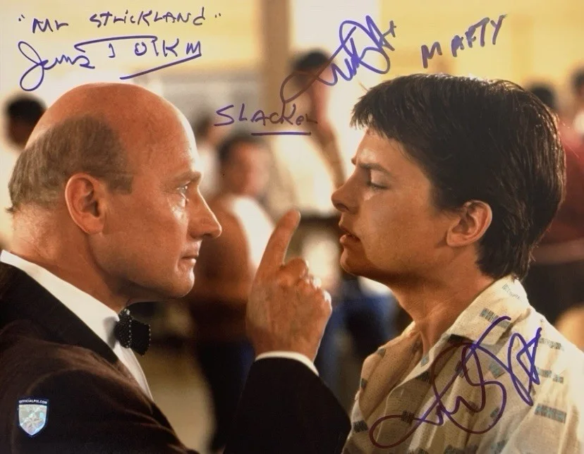 Michael J. Fox and James Tolkan — Michael J Fox & James Tolkan Back to the Future Signed/Inscribed 11x14 OPX Photo
