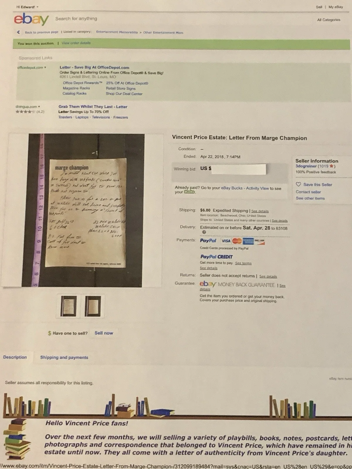 Marge Champion — Vincent Price Estate Letter From Dancer & Disney Star Marge Champion! 15e, изображение 4