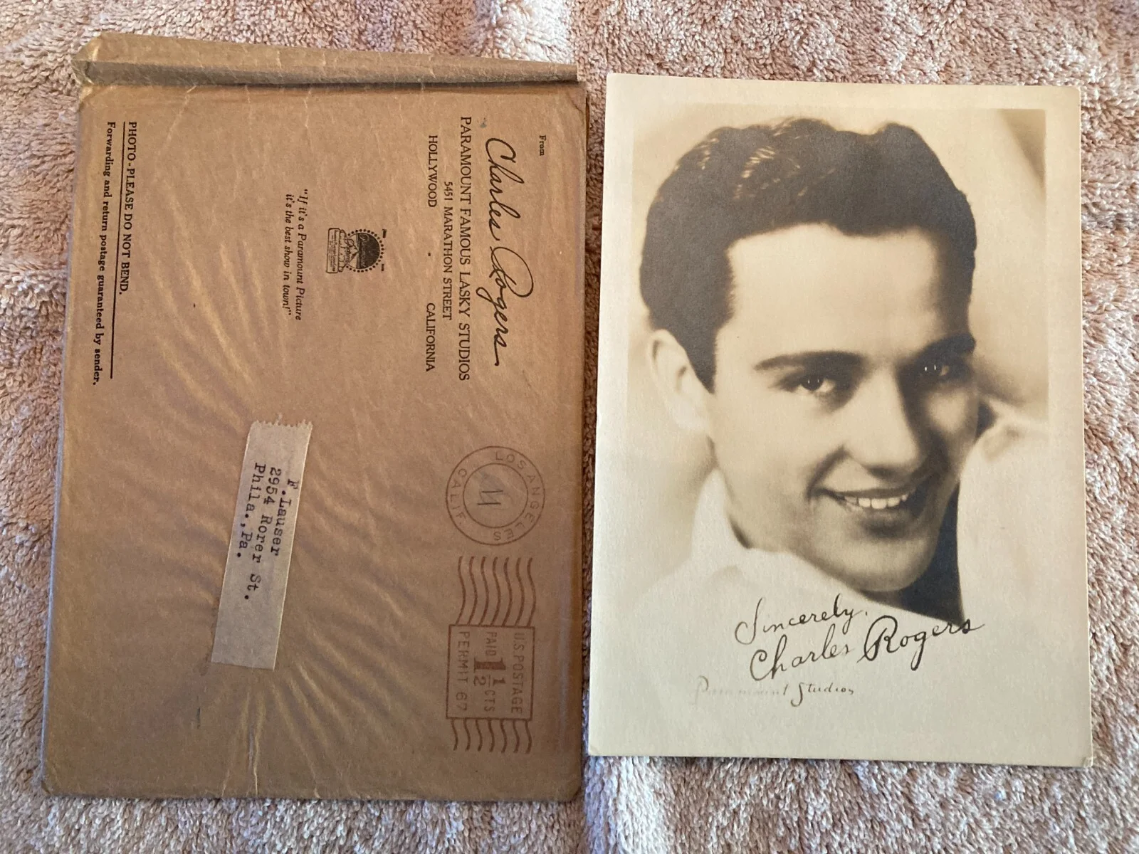Actor Photo Charles Rogers Original Studio signed Photo w/ Mailer 5x7", изображение 4