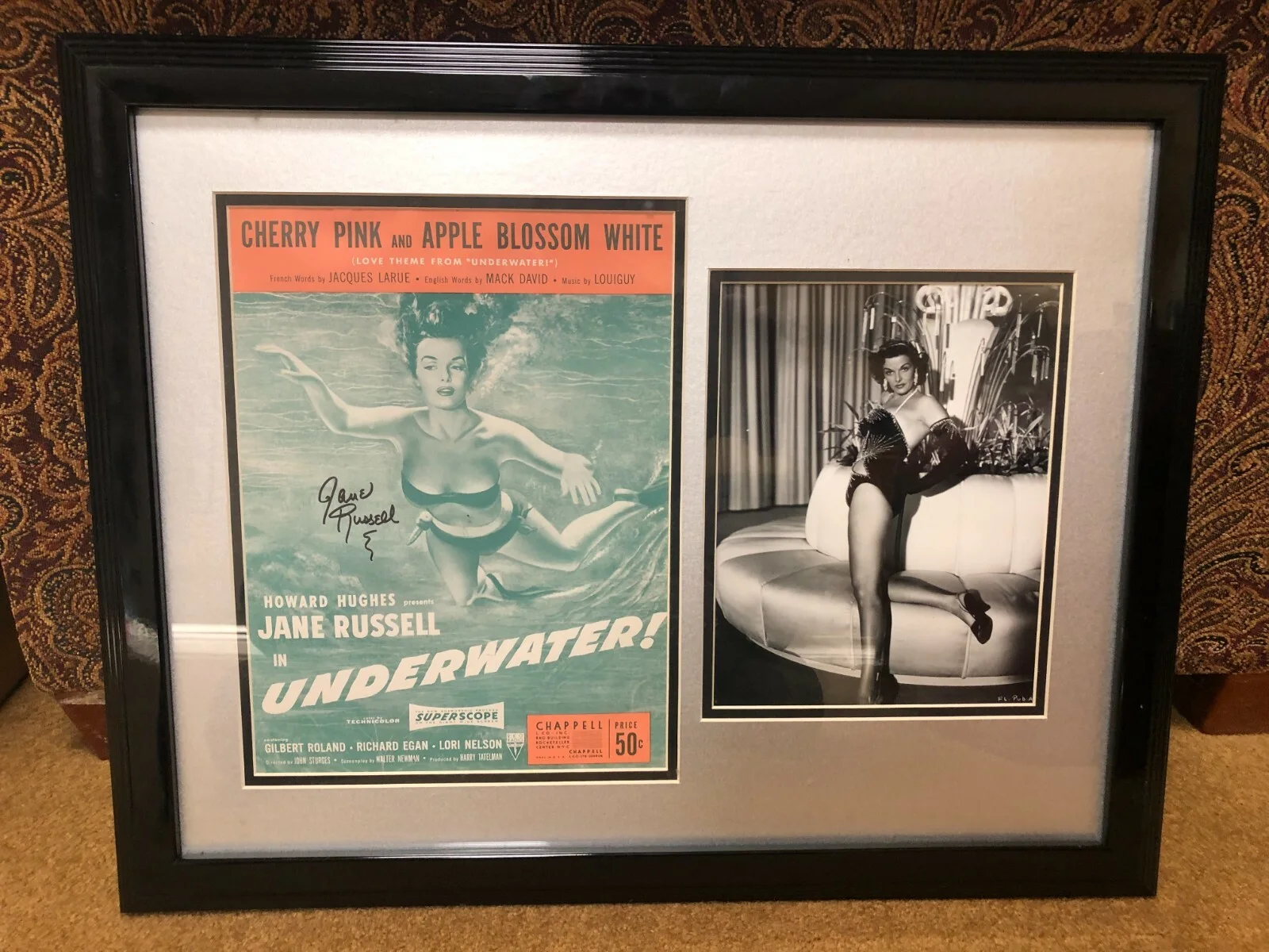 Jane Russell — Actress Jane Russell Signed 1955 UNDERWATER! Promo + B&W Photo – Framed 22 x 18"