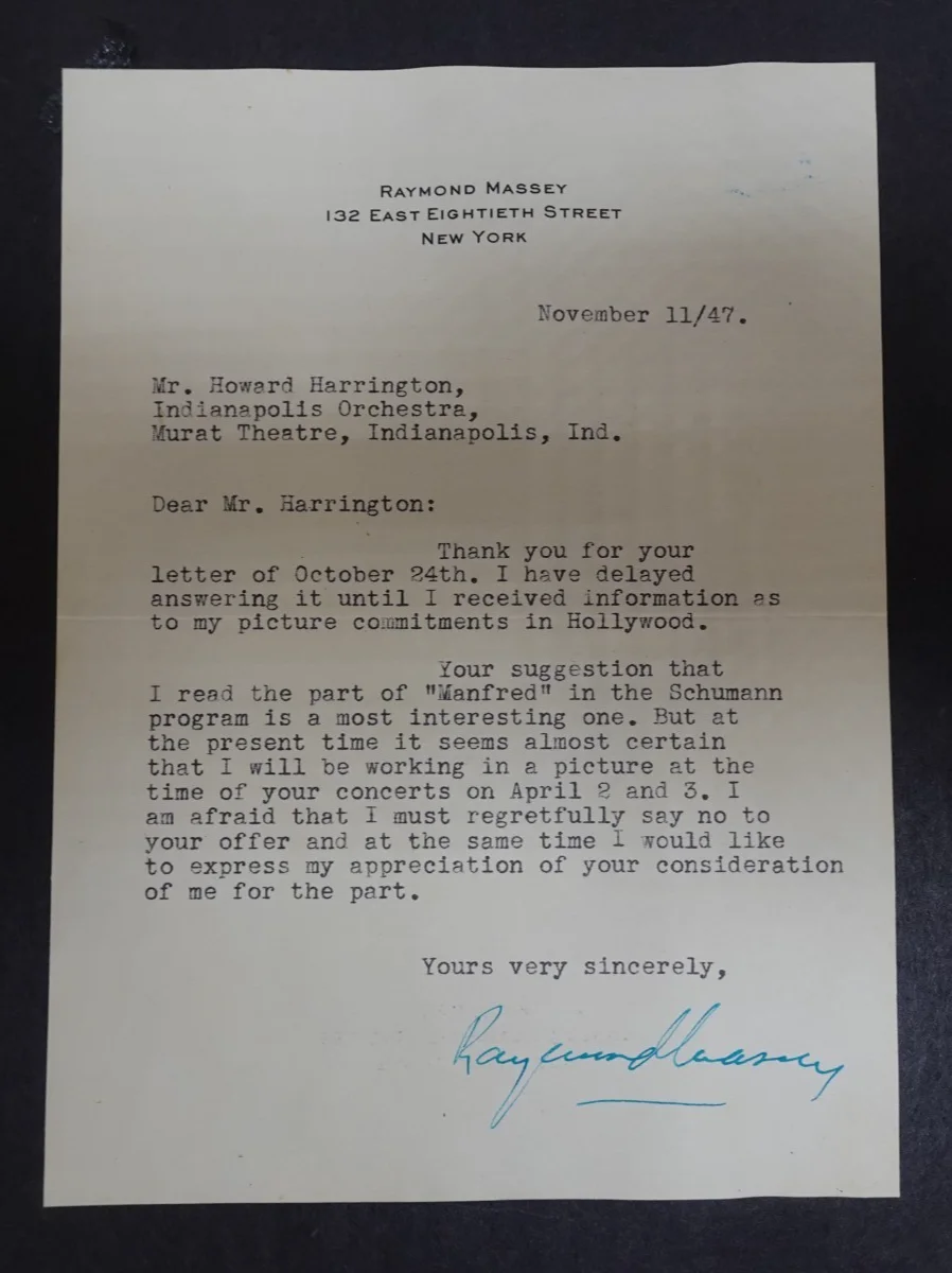 Raymond Massey — Raymond Massey Actor Autographed Letter to Manager Howard Harrington 11/11/1947
