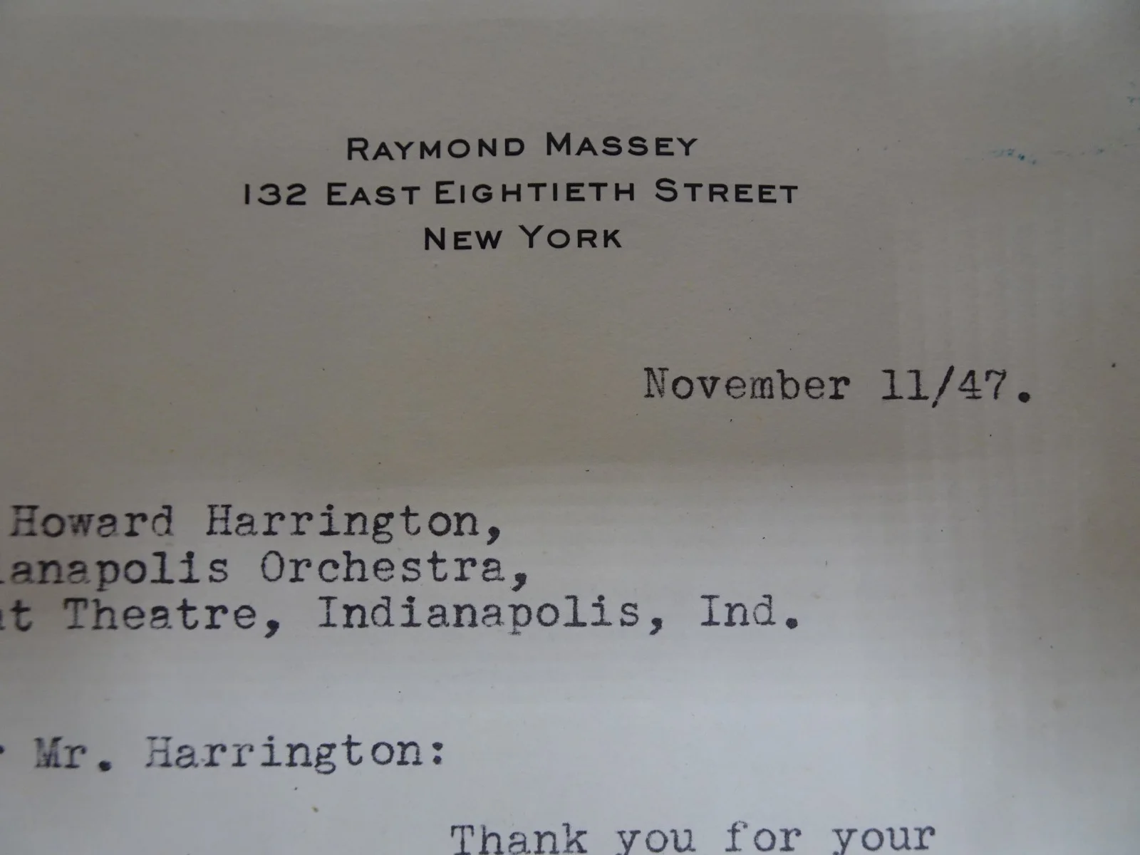 Raymond Massey — Raymond Massey Actor Autographed Letter to Manager Howard Harrington 11/11/1947, изображение 2
