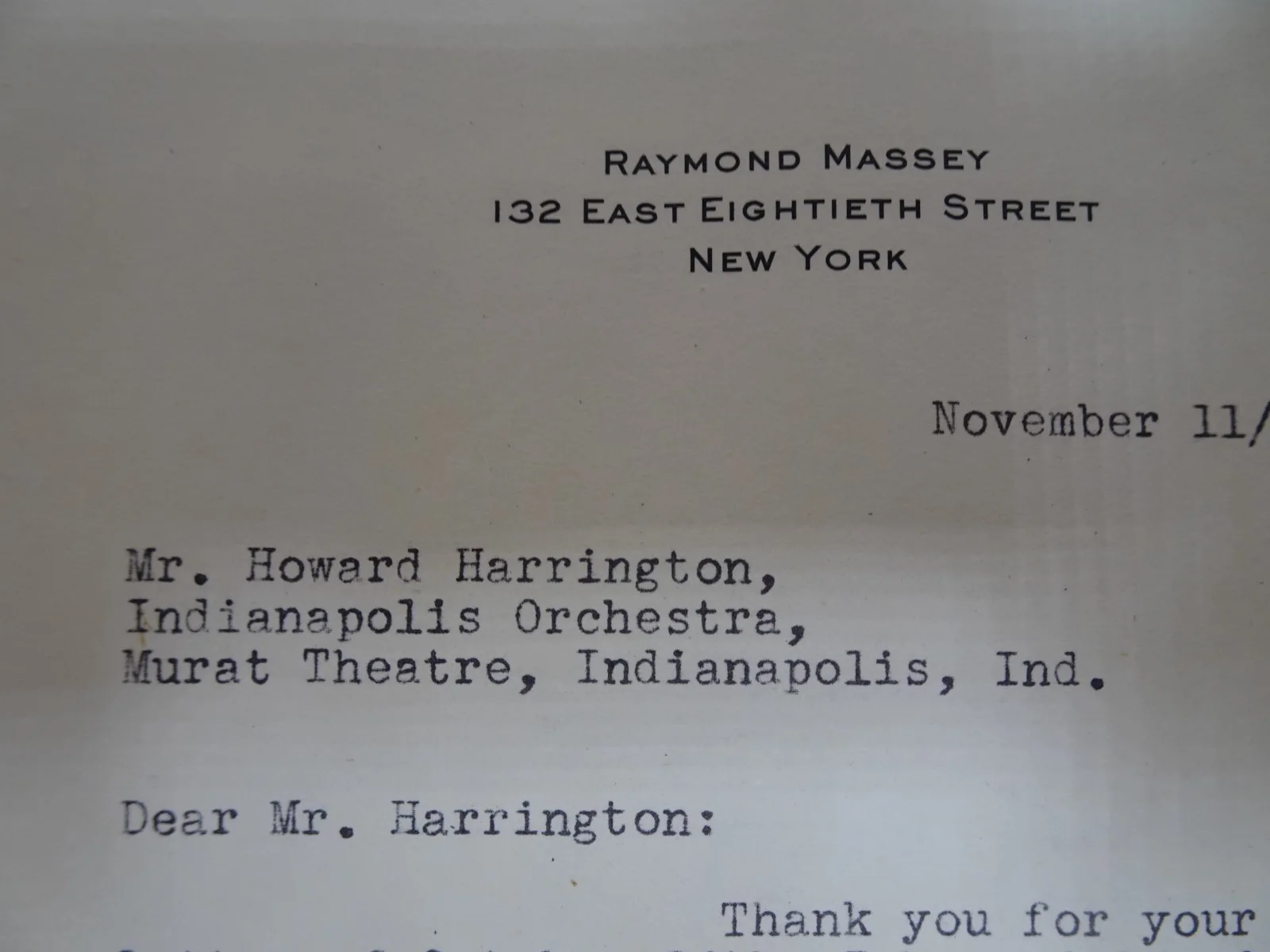Raymond Massey — Raymond Massey Actor Autographed Letter to Manager Howard Harrington 11/11/1947, изображение 3