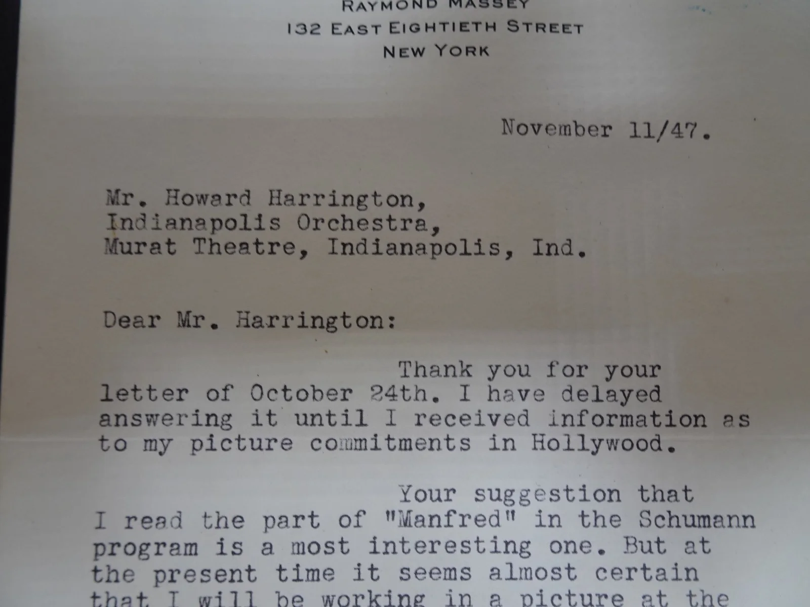 Raymond Massey — Raymond Massey Actor Autographed Letter to Manager Howard Harrington 11/11/1947, изображение 4