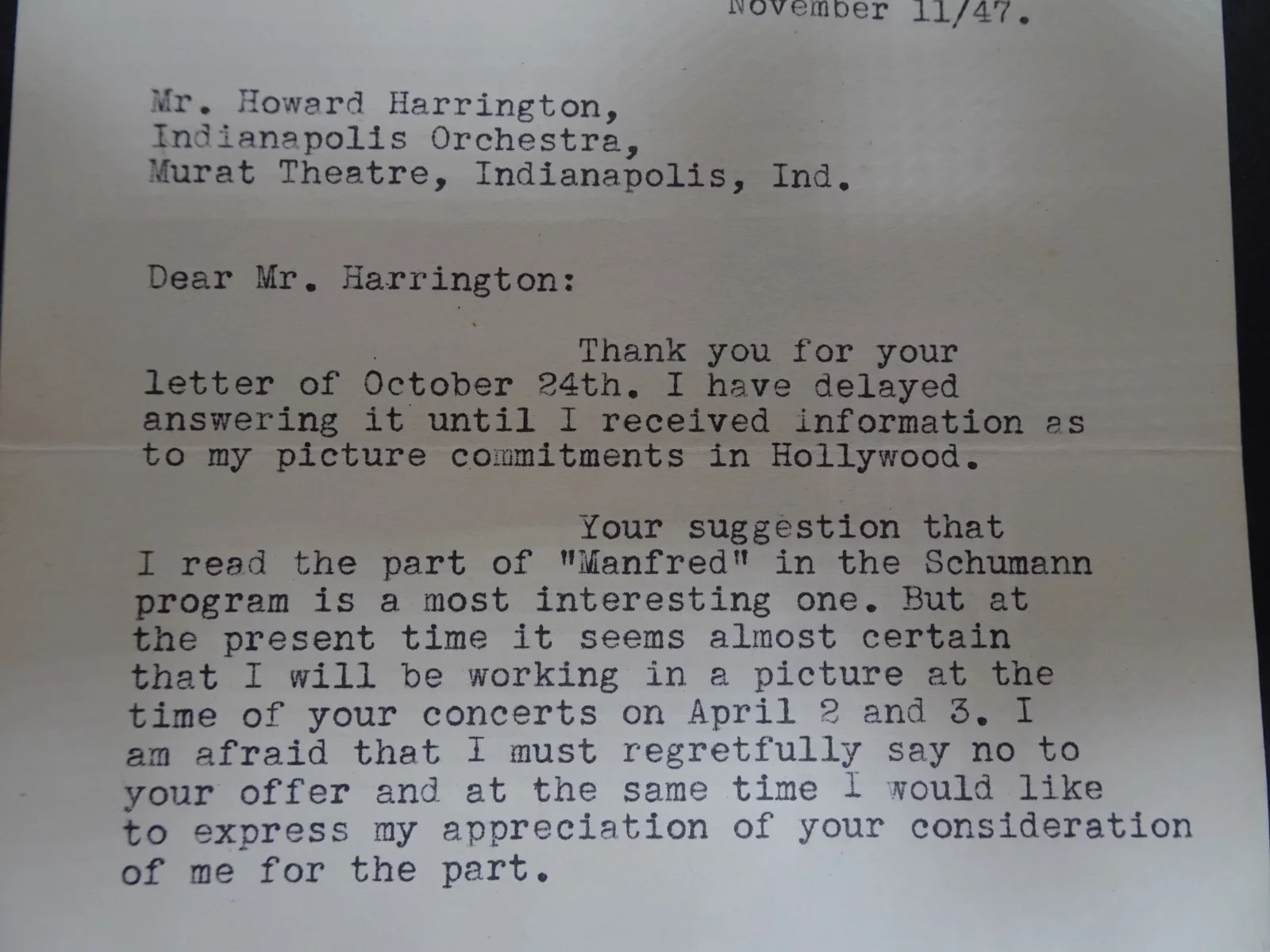 Raymond Massey — Raymond Massey Actor Autographed Letter to Manager Howard Harrington 11/11/1947, изображение 5