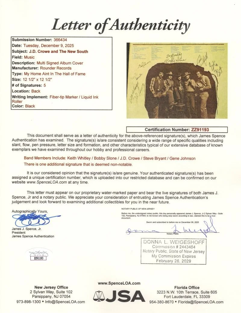 Steve Bryant, JD Crowe, Gene Johnson, Bobby Slone, Keith Whitley — Keith Whitley + New South Signed Autograph Album Vinyl Record LP w/ JSA COA, image 5