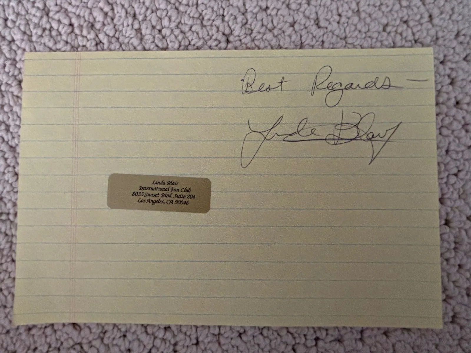 Linda Blair — Linda Blair – Signed (8 ½” x 5 ½”) sheet of yellow writing paper. Rare item!