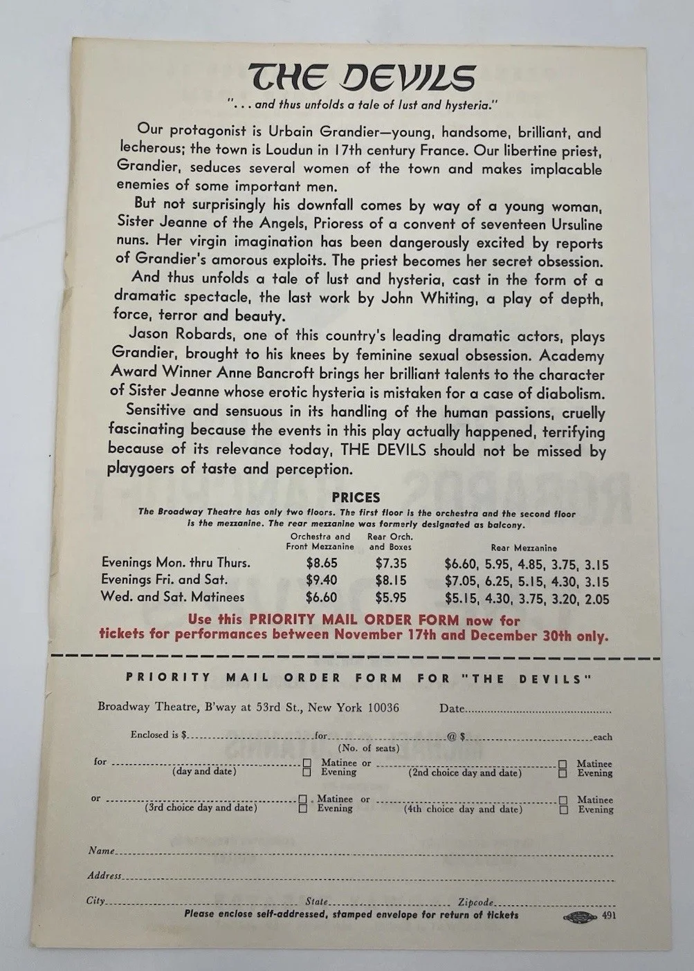THE DEVILS - Broadway Pre-Sale Order Form - 1965 Jason Robards, Anne Bancroft, image 2