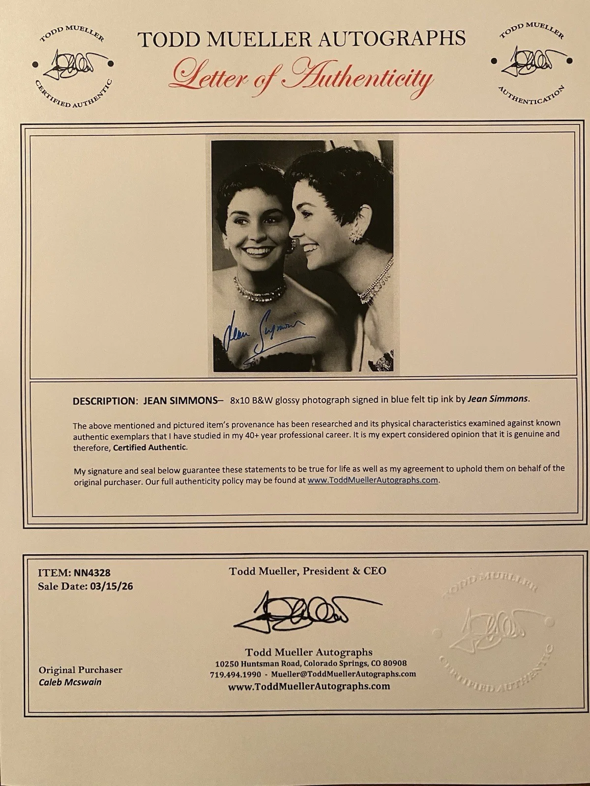 Jean Simmons — Jean Simmons Signed Autographed 8x10 Photo With COA Spartacus The Robe, изображение 4