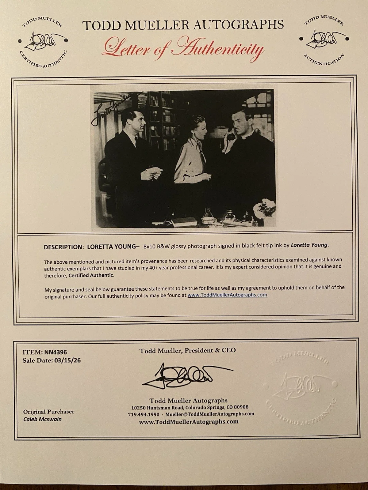 Loretta Young — Loretta Young Signed Autographed Photo With COA The Bishop’s Wife Trio, изображение 4