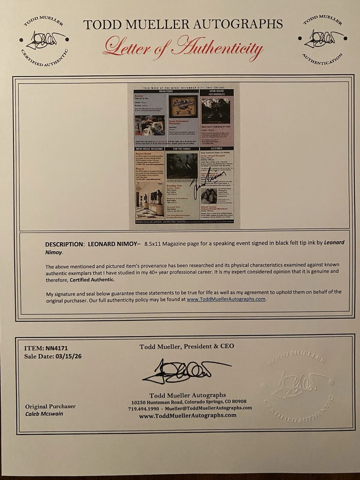 Leonard Nimoy — Leonard Nimoy Signed Autographed Page With COA Star Trek Spock Author, image 4