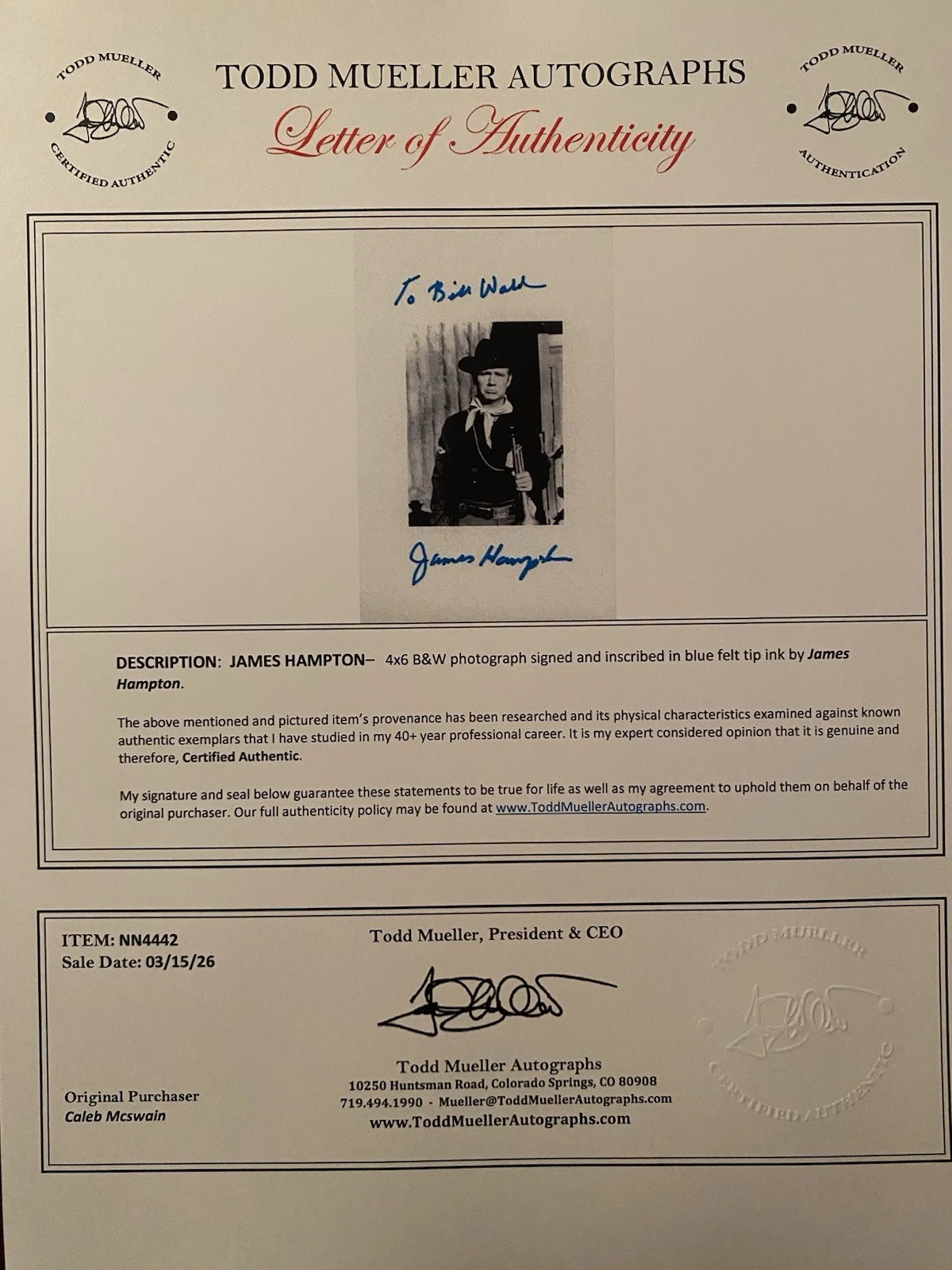 James Hampton — James Hampton Signed Autographed Photo With COA F Troop Dobbs, изображение 4