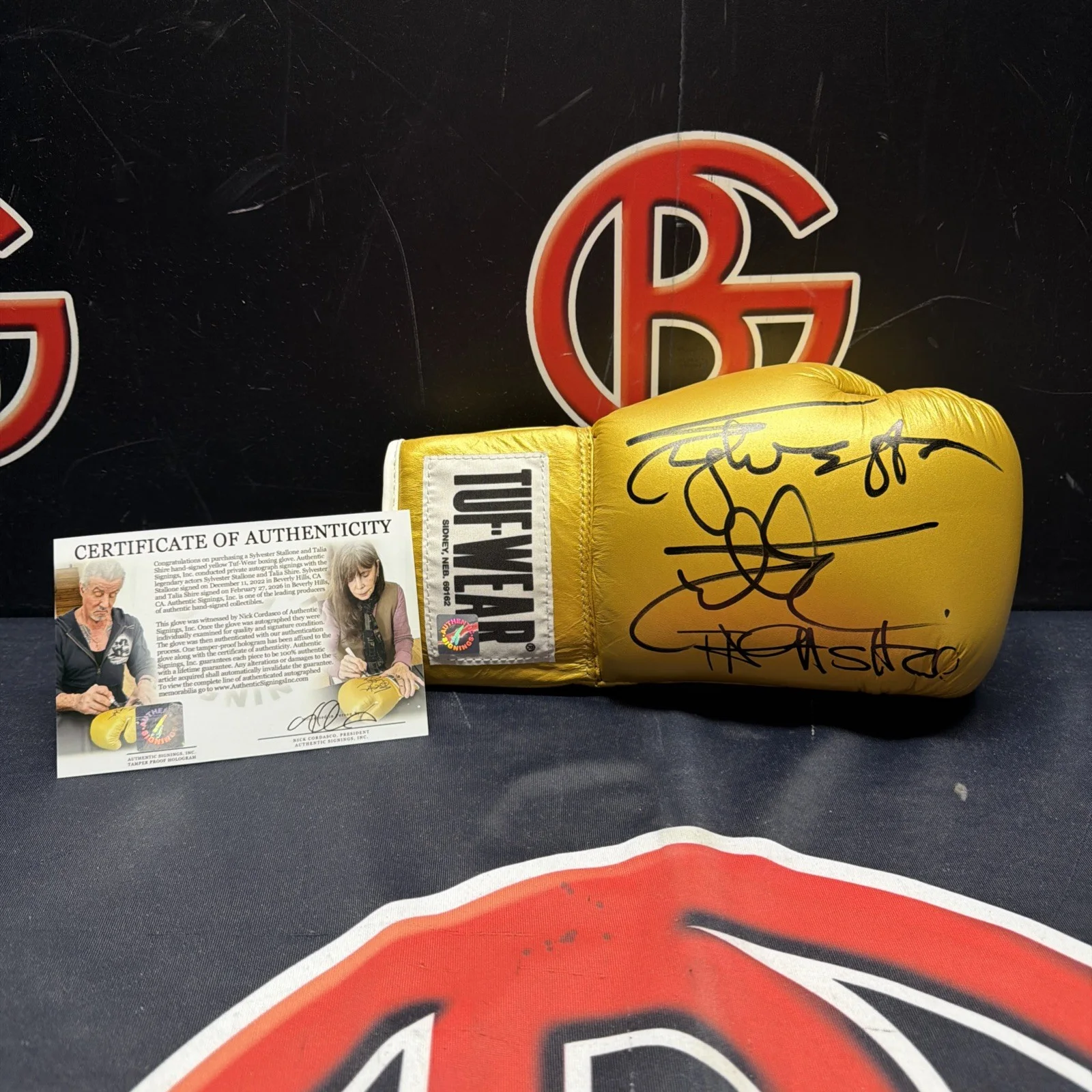 Sylvester Stallone and Talia Shire — Sylvester Stallone & Talia Shire Autographed ROCKY Tuf-Wear Glove ASI Proof