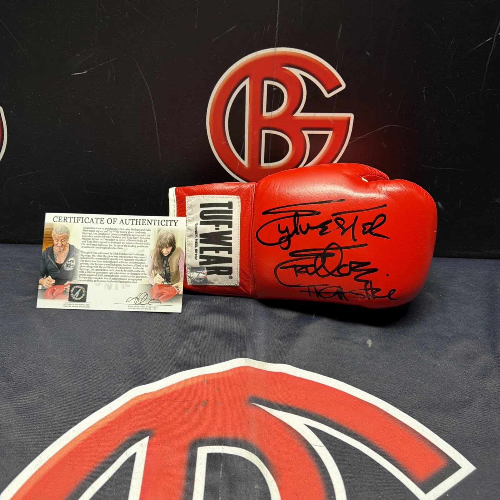 Sylvester Stallone and Talia Shire — Sylvester Stallone & Talia Shire Autographed ROCKY Tuf-Wear Glove ASI Proof