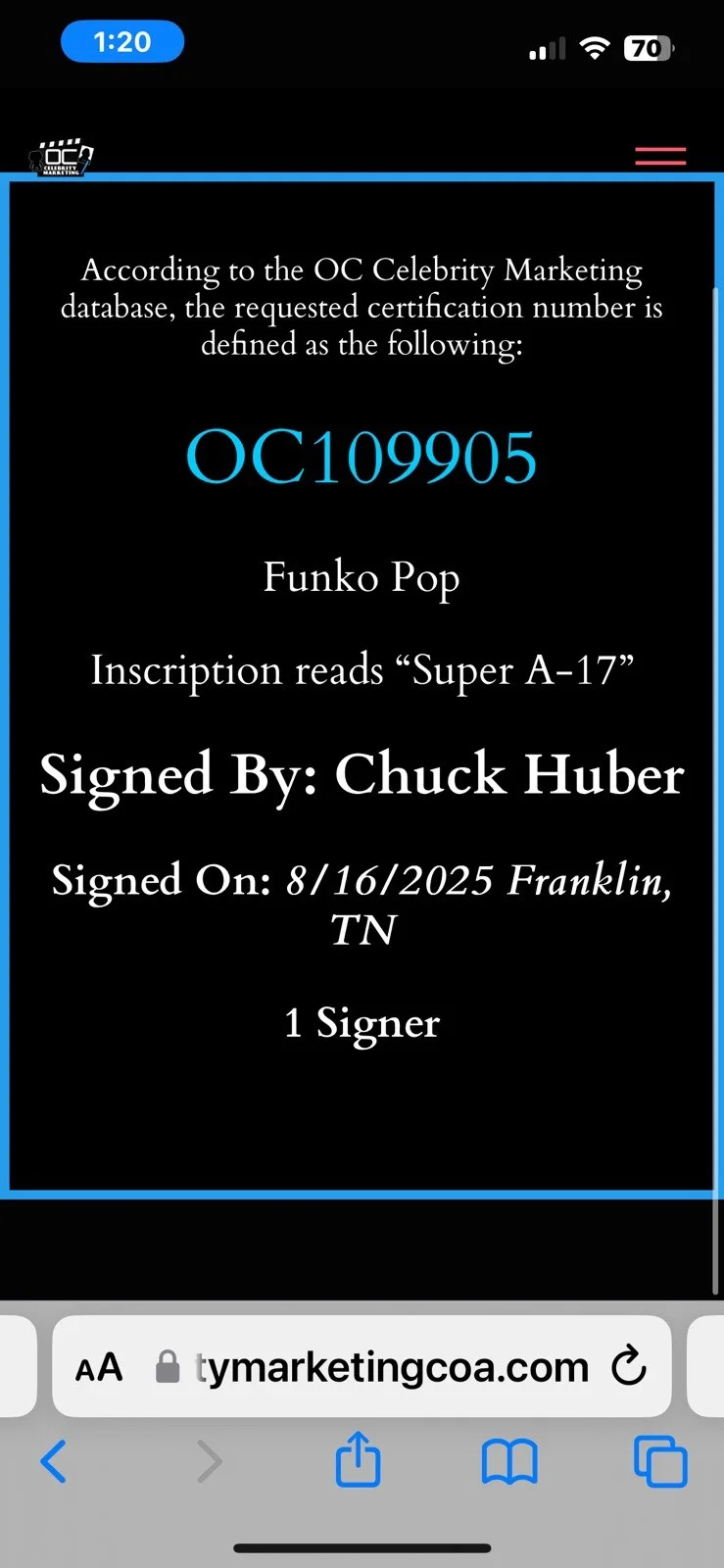 Chuck Huber — Autographed Dragon Ball GT Super Android 17 Funko 2075 Signed Chuck Huber OC Cer, изображение 5