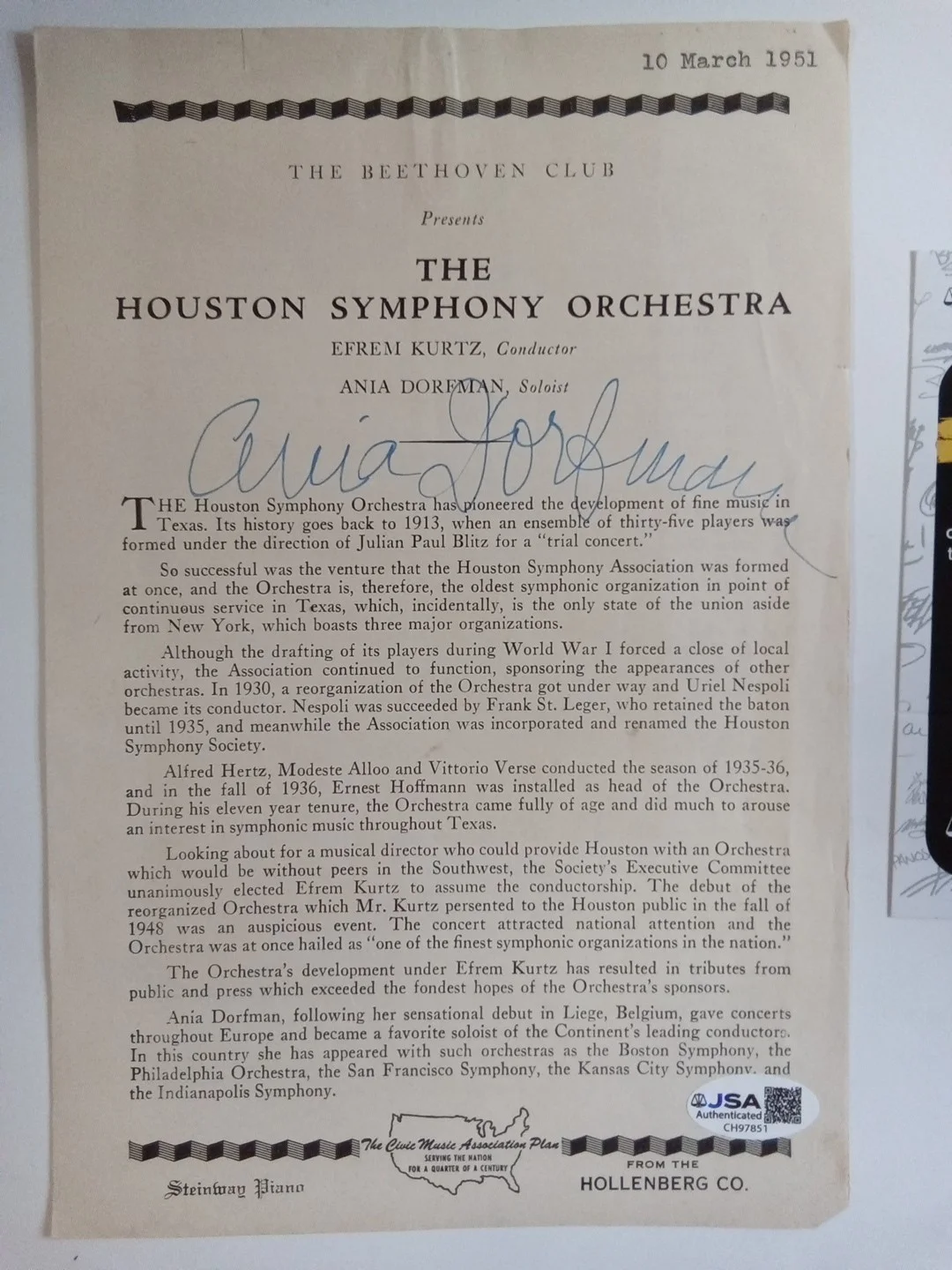 Ania Dorfman & Efrem Kurtz Signed Concert Program JSA Pianist Conductor, изображение 2
