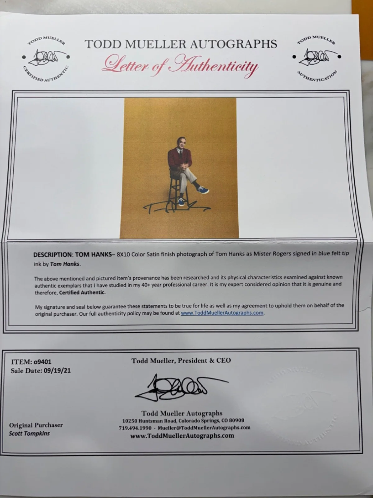 Tom Hanks signed photo, Mister Rogers, coa from Todd Mueller, image 2