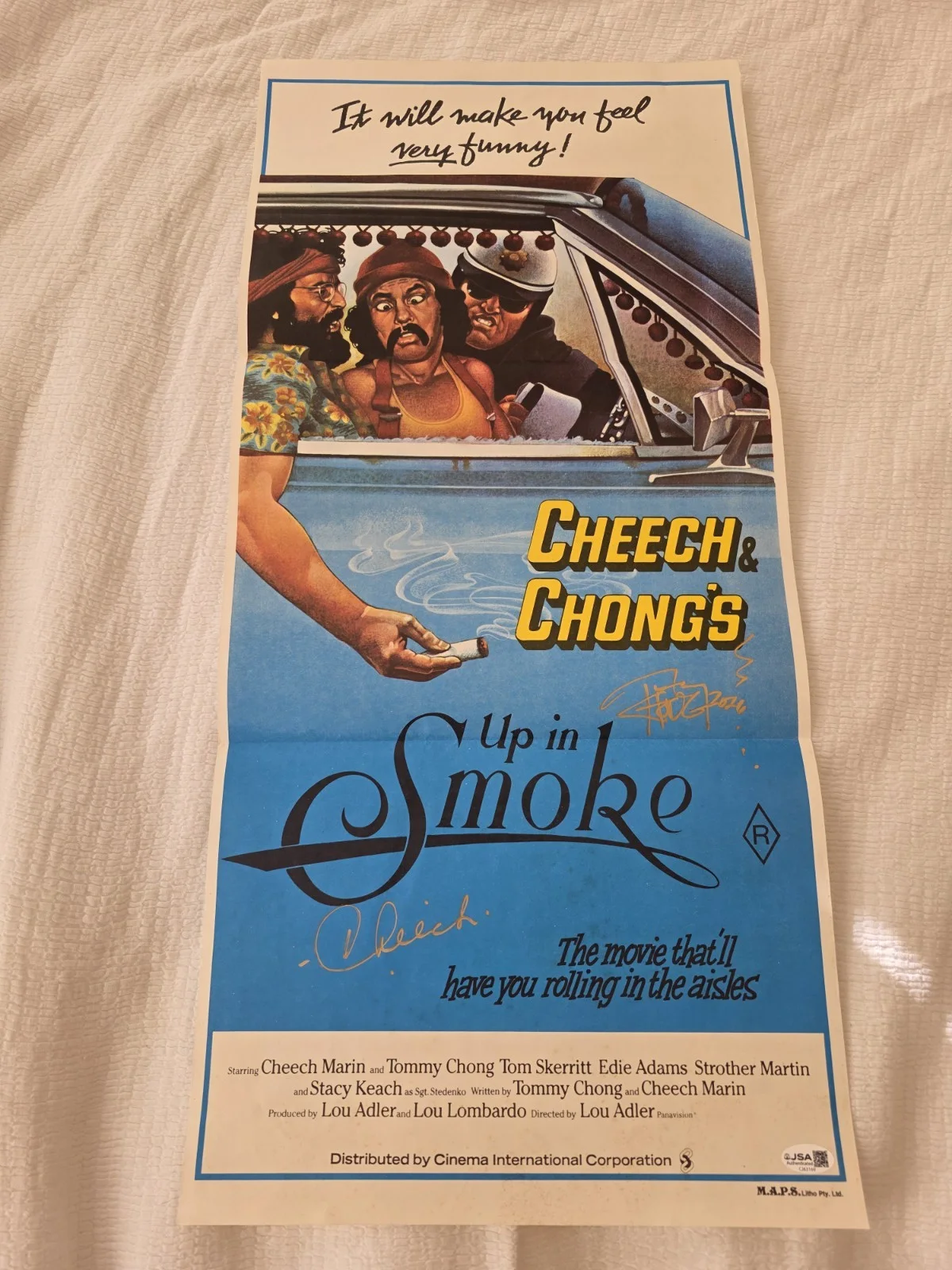 Cheech and Chong — Cheech & Chong's Up In Smoke Australian 13x27.5 Daybill Movie Poster Signed JSA