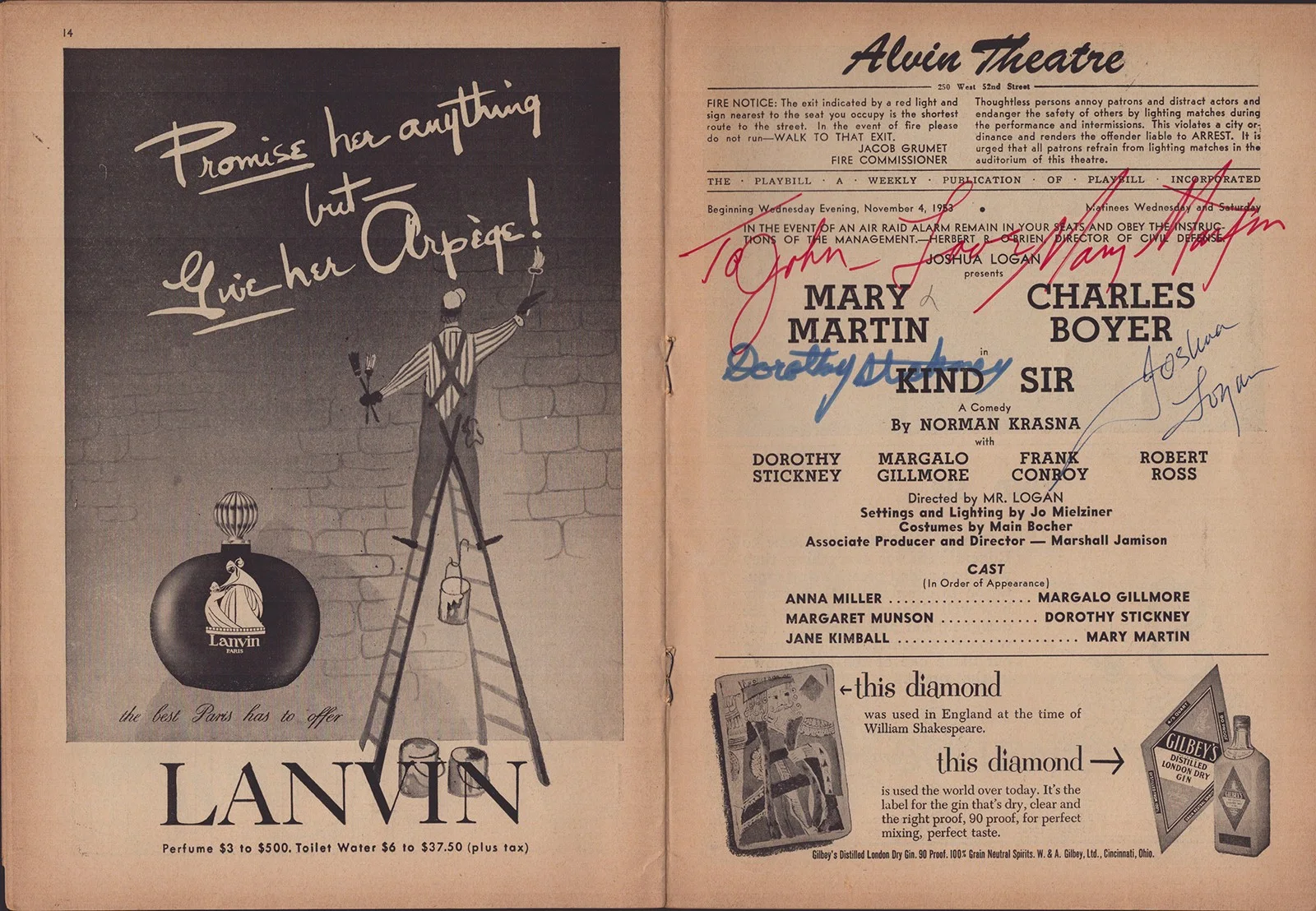 Mary Martin, Joshua Logan, Dorothy Stickney — KIND SIR PLAY CAST - INSCRIBED SHOW BILL SIGNED WITH CO-SIGNERS, image 2