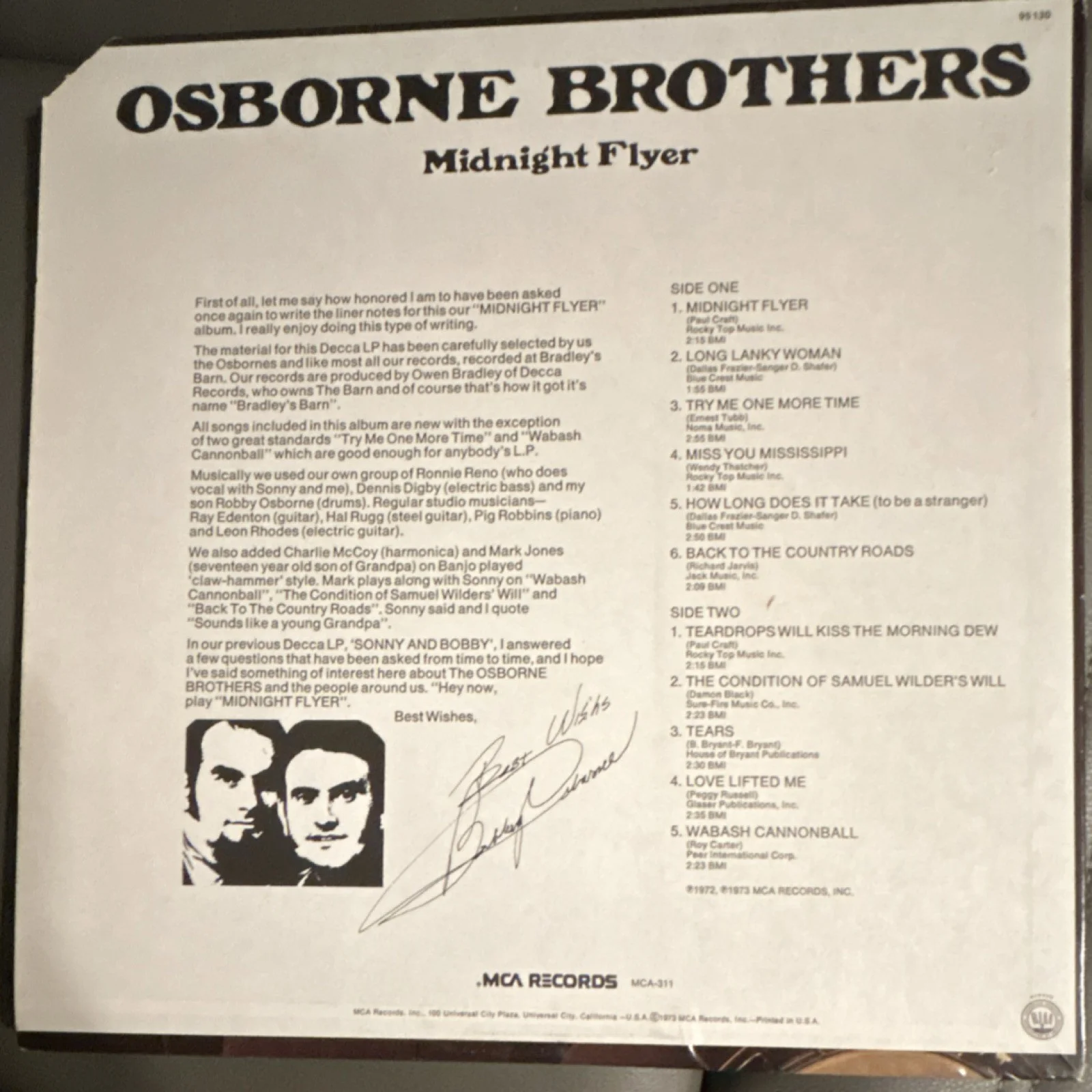 Osborne Brothers Midnight Flyer Original Signed Vinyl Record Album, изображение 2