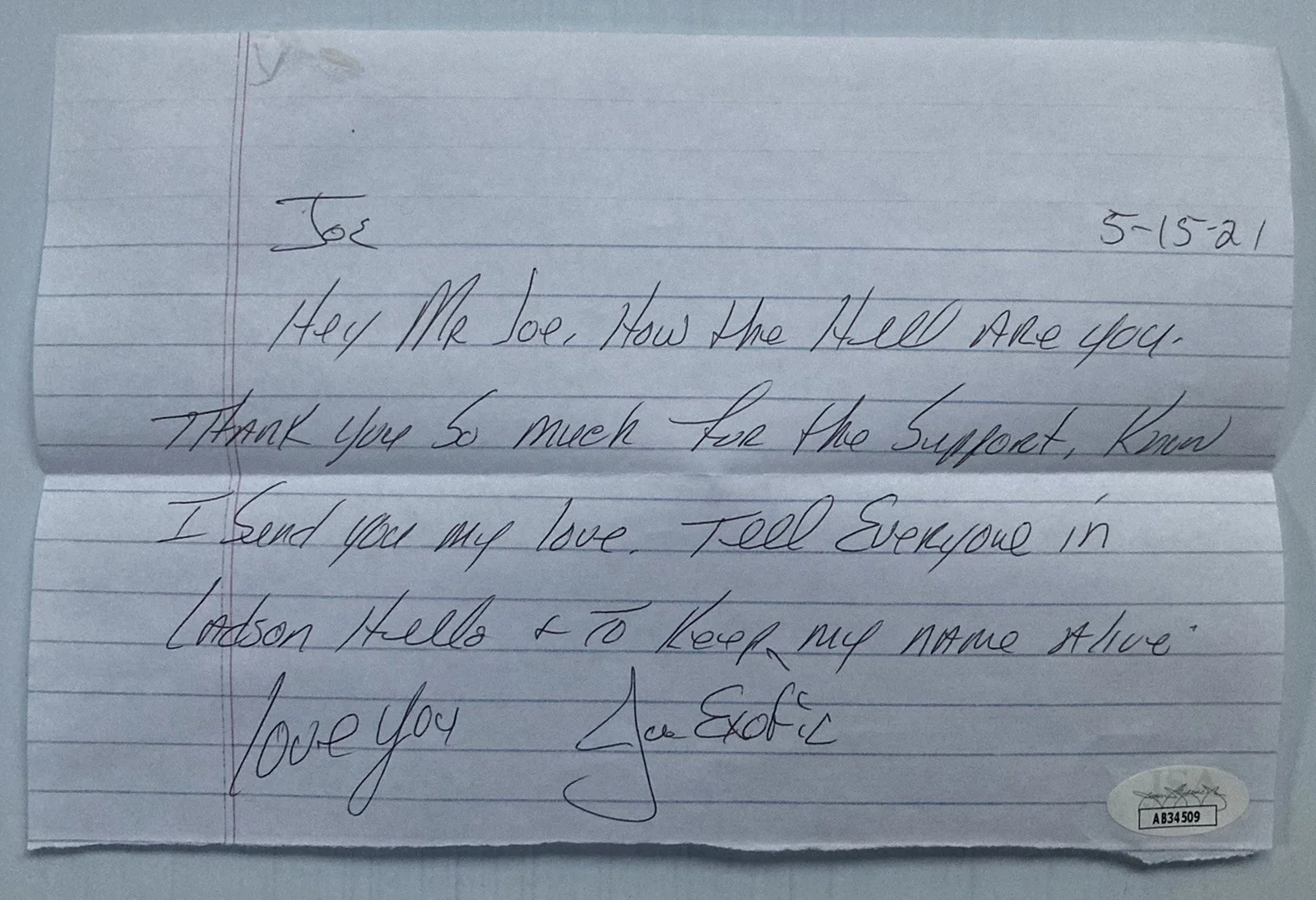 Joe Exotic — Tiger King Joe Exotic Signed Autograph 5.5x8.5 Handwritten Note - JSA- FREE S&H!, изображение 2