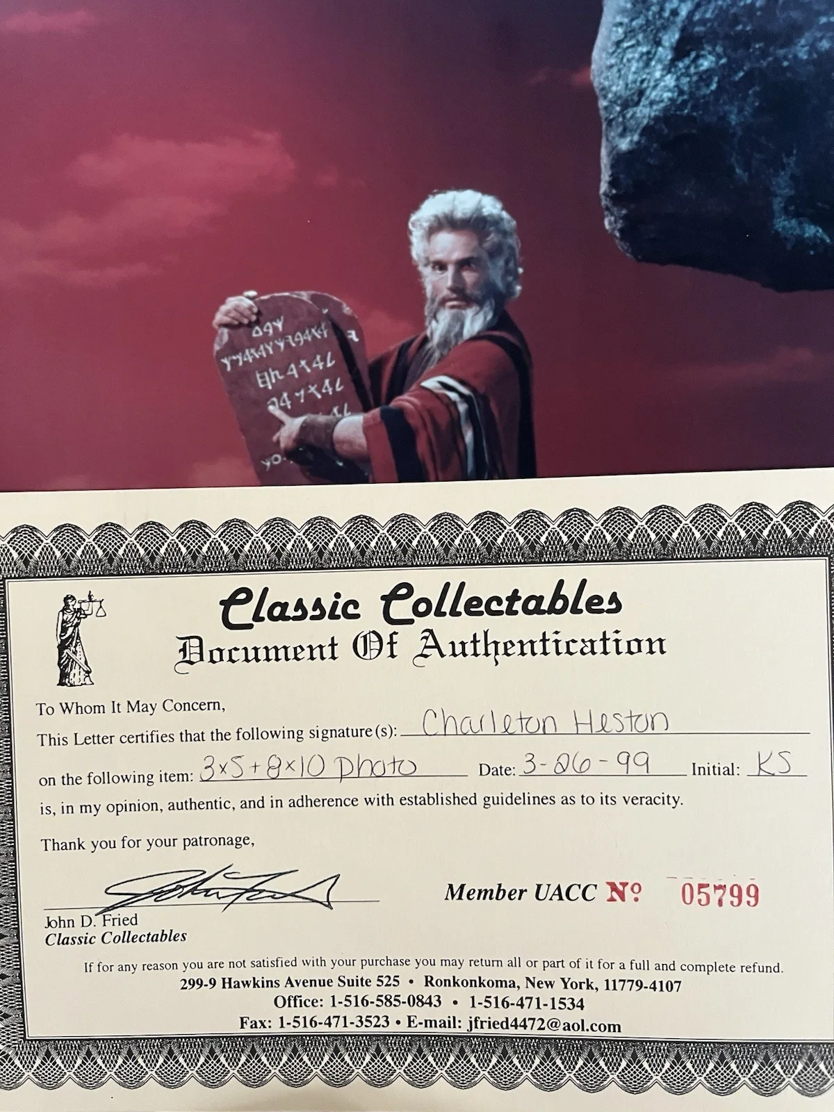 Authentic Charleton Heston Autograph Card with Iconic Ten Commandments Photo, image 2
