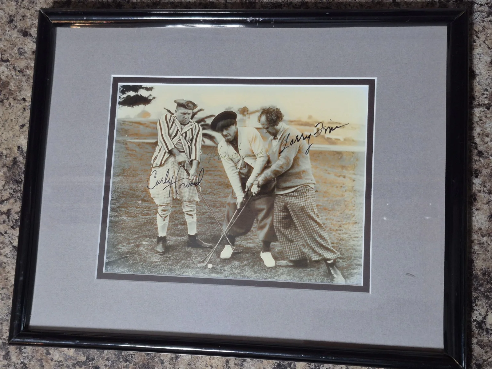 Curly Howard, Moe Howard, Larry Fine — Three Stooges Original Autographed Framed 8x10 Movie Photograph, Certified COA