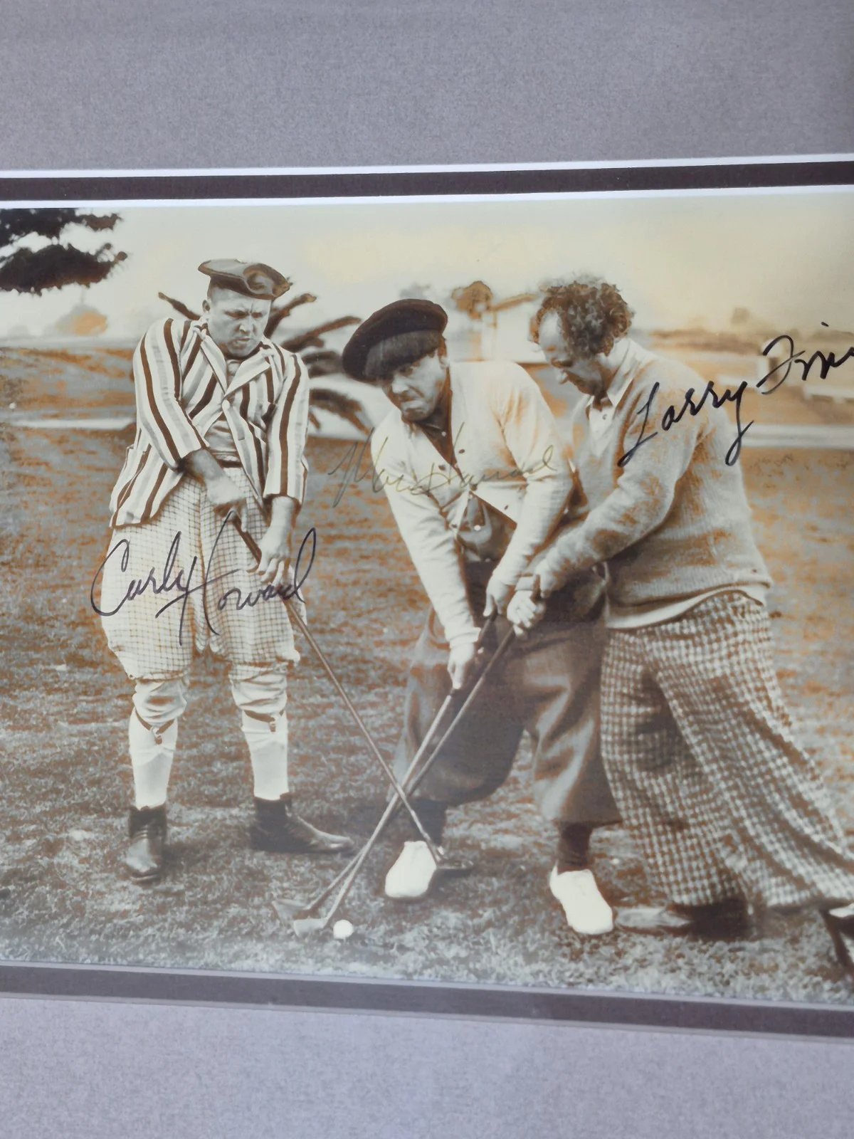 Curly Howard, Moe Howard, Larry Fine — Three Stooges Original Autographed Framed 8x10 Movie Photograph, Certified COA, image 2