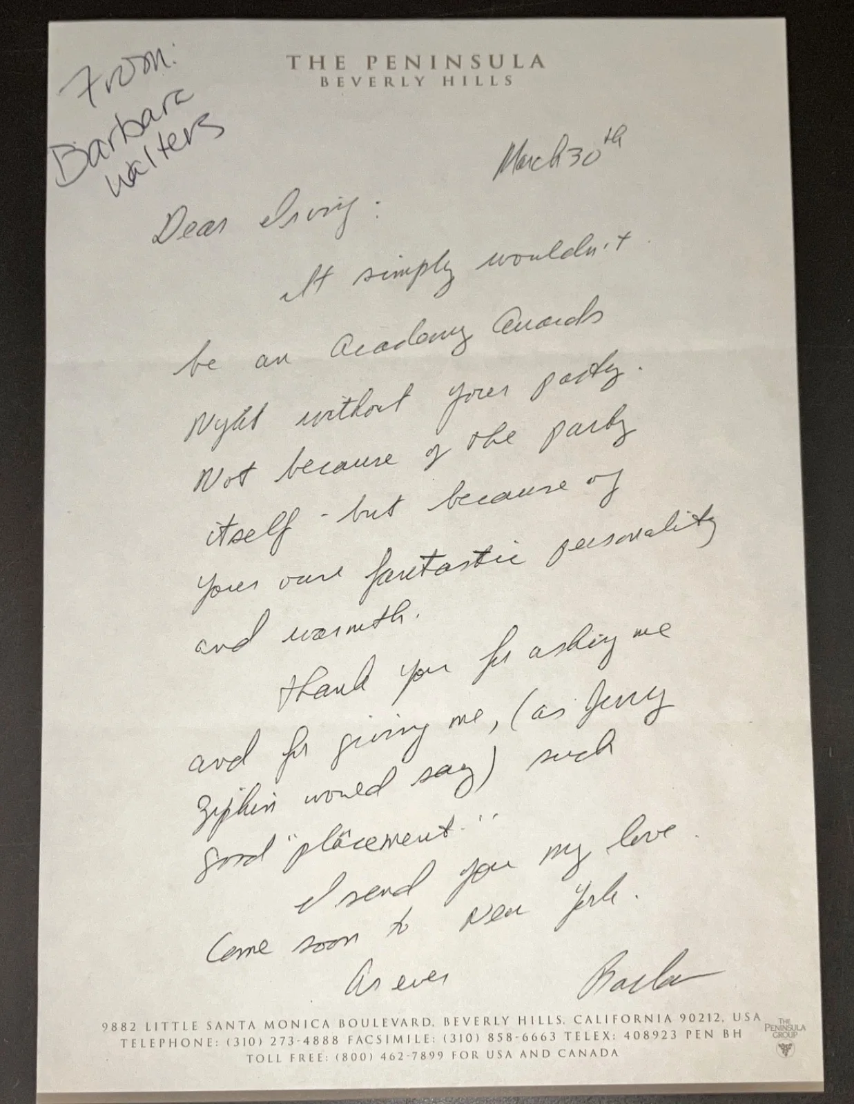 Barbara Walters — BARBARA WALTERS Orig. Signed Note to Super-agent Swifty Lazar + COA!