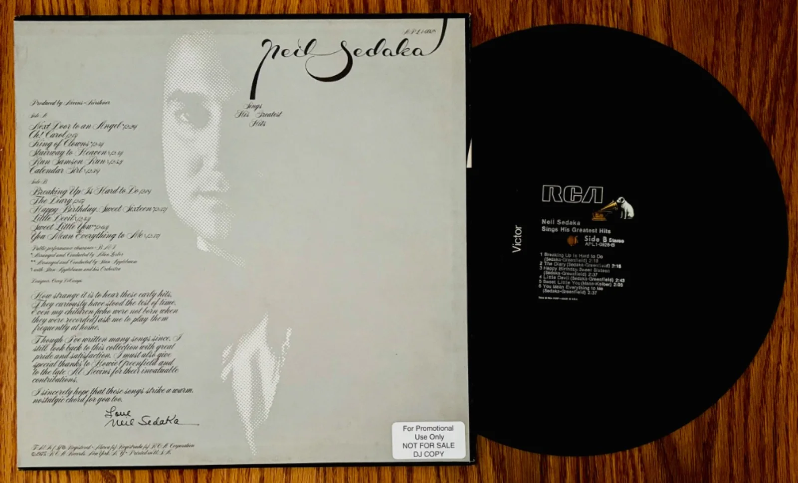 NEIL SEDAKA Signed GREATEST HITS Promo/DJ Album~RCA VICTOR #APL1-0928 Near Mint, изображение 2