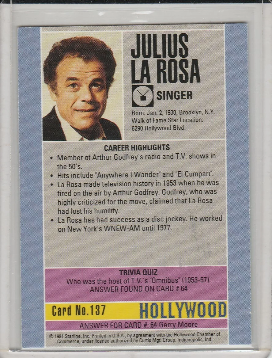 Julius La Rosa Original Signed Autograph Hollywood Walk of Fame 1991 Card #137, изображение 2