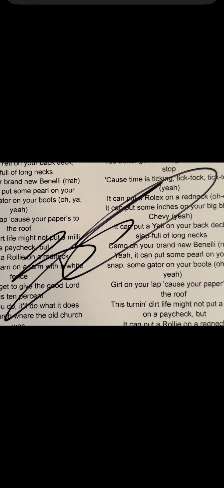 Brantley Gilbert Country Music Autographed “Rolex® On A Redneck”Lyric Sheet, изображение 2