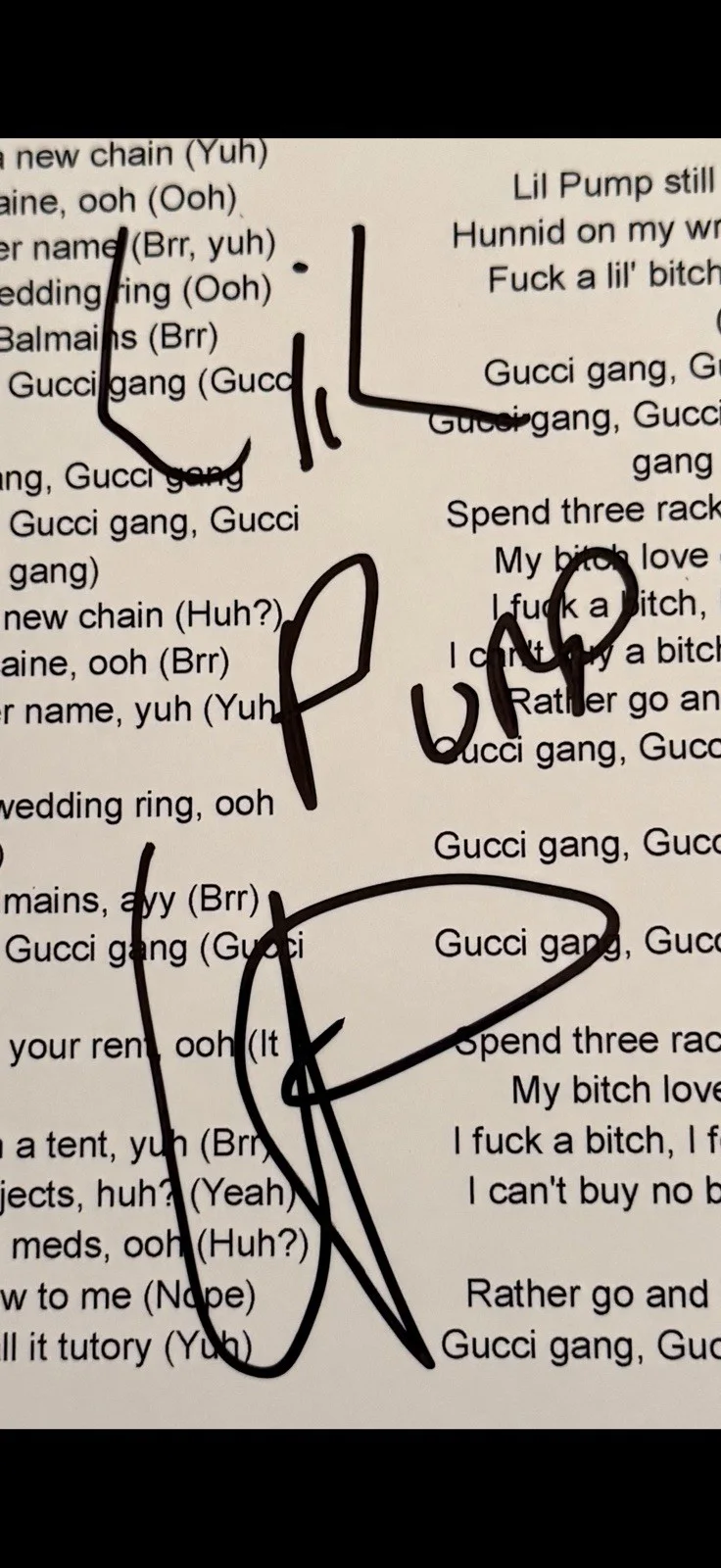 LIL PUMP RAPPER SINGER SIGNED AUTOGRAPHED “GUCCI GANG” LYRIC SHEET, image 2